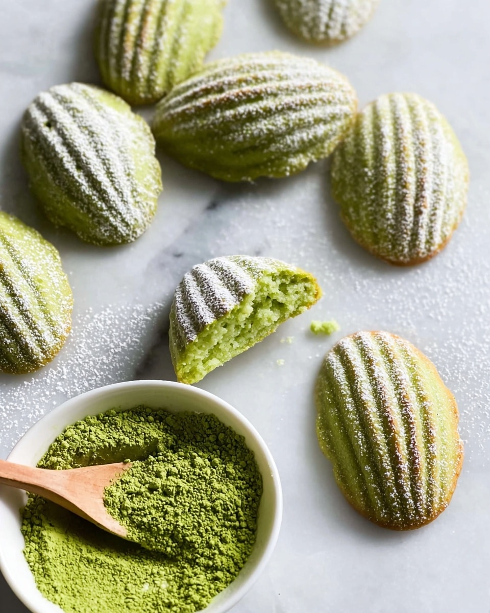 Several green madeleine cookies with a ridged, shell-like shape are scattered across a white marbled surface. Each cookie is dusted lightly with white powdered sugar. One cookie is broken in half, showing a soft, airy green inside with a sponge-like texture. In the lower-left corner, a white bowl holds bright green powder, with a wooden spoon resting inside it. The overall scene has a fresh and clean look, with a soft natural light. photo taken with an iphone --ar 4:5 --v 7