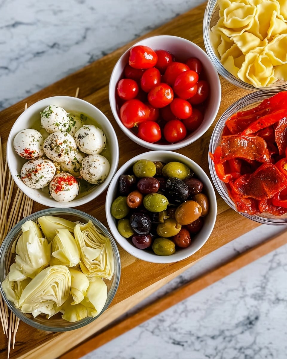 The image shows a close-up view of six small white bowls arranged on a wooden board with various colorful appetizers. One bowl has bright red cherry tomatoes, another holds white mozzarella balls sprinkled with herbs and red flakes. There is a bowl filled with mixed olives in green, black, and brown shades. Another bowl contains pale yellow artichoke pieces with some seasoning. A clear bowl is filled with roasted red peppers, shiny and vibrant in color. A larger clear bowl contains folded pale yellow tortellini pasta with some black seasoning. The background is a white marbled surface with some uncooked wooden skewers visible at the bottom left corner. photo taken with an iphone --ar 4:5 --v 7