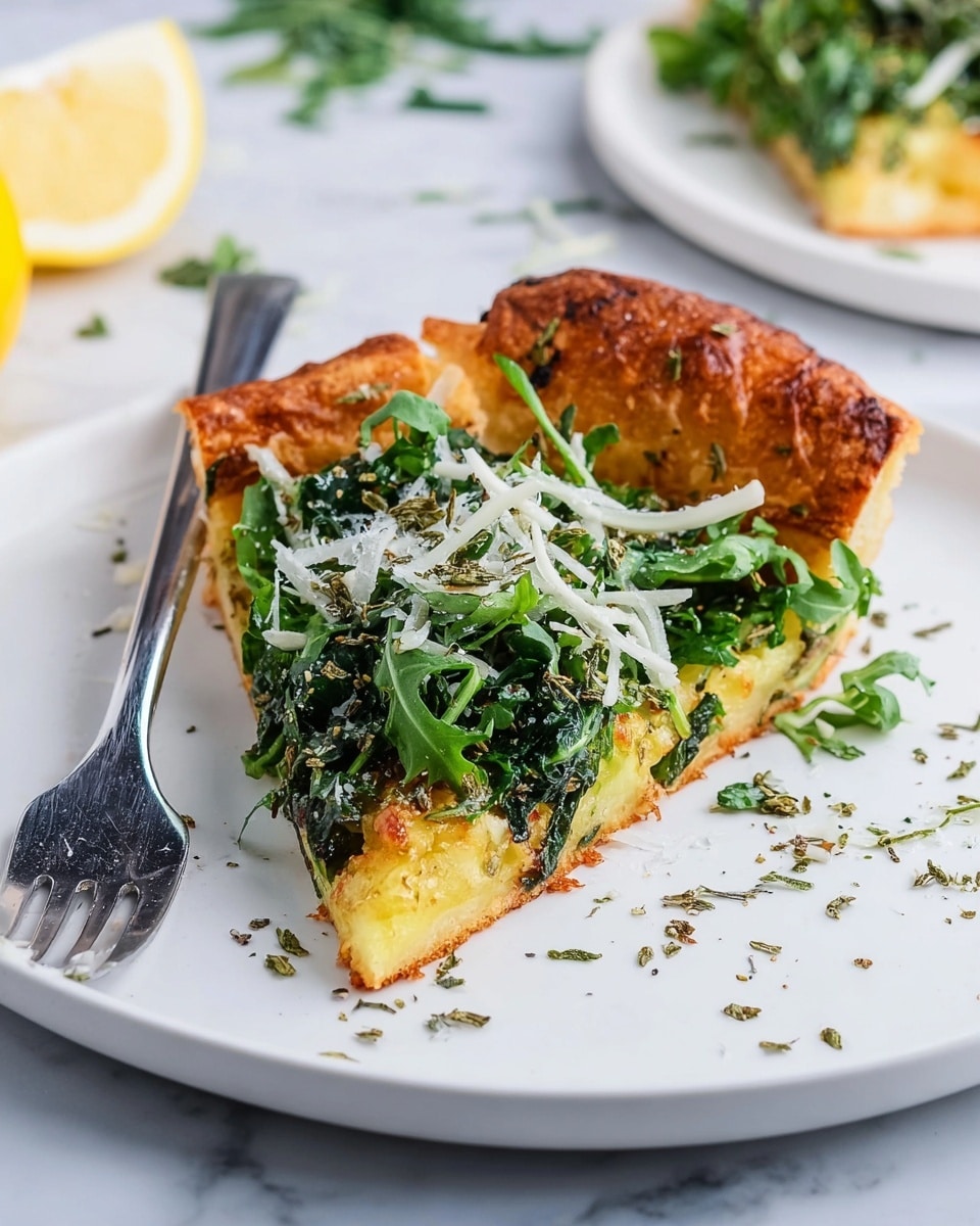 A single slice of thick, golden-brown crust pizza sits on a white plate with a shiny silver fork next to it on the left. The bottom layer is a light yellow cheesy base with a slightly rough texture, topped with a generous layer of fresh, dark green leafy arugula. Thin strips of pale white shredded cheese are sprinkled over the greens, with small bits of dried herbs scattered on and around the pizza. The crust edge is puffy, toasted to a crunchy brown, contrasting with the softer center. The background shows a white marbled surface with a lemon wedge and some green herbs blurred out. Photo taken with an iphone --ar 4:5 --v 7