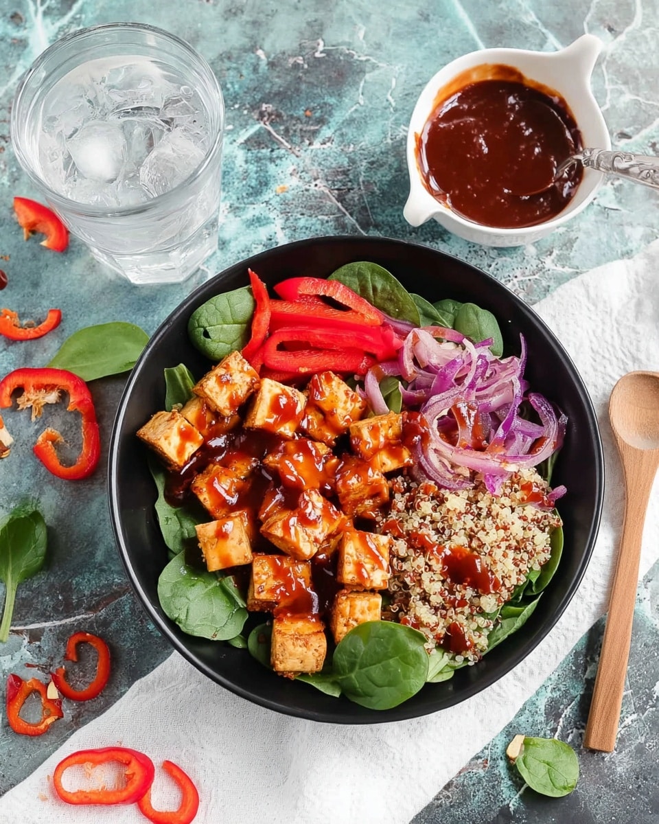 A black bowl holds a colorful mixture of food layers. The bottom layer is leafy green spinach. On top of the spinach, there are light brown grilled tofu cubes with a glossy reddish sauce drizzled over them. Next to the tofu, there are thin slices of bright red bell pepper and some shredded purple onion mixed with grains, likely quinoa, that look light brown and white. Small spinach leaves are scattered on top as garnish. Around the bowl, there are pieces of red pepper and onion slices on a white marbled surface. A glass of water with ice and a white small bowl of thick, dark red sauce with a wooden spoon resting on a white napkin are placed nearby. Photo taken with an iphone --ar 4:5 --v 7