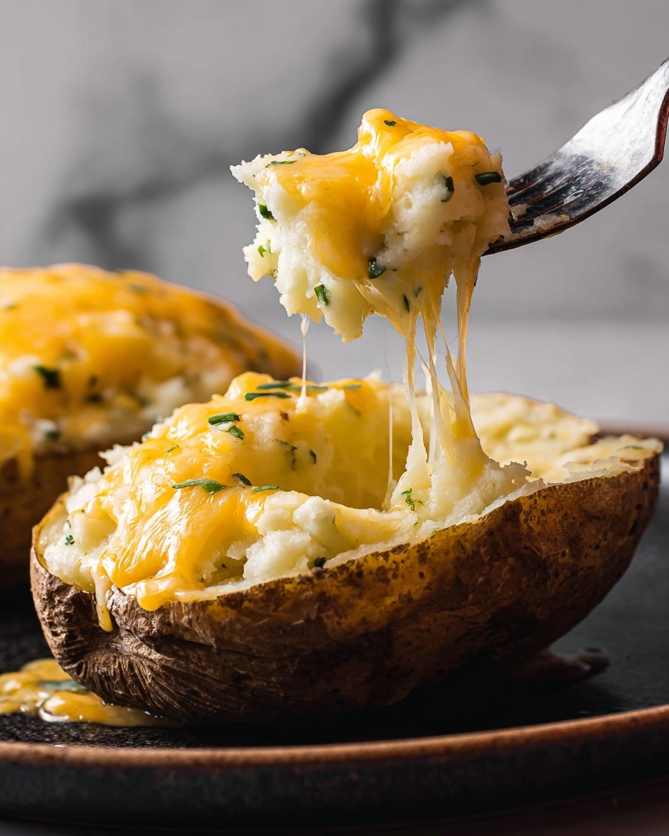 Twice Baked Potatoes Recipe 5 The image shows a baked potato half filled with a soft, creamy white mashed potato layer mixed with small green herbs. On top, there is a thick, melted yellow cheese layer that stretches as a fork lifts some from the potato. The potato skin is brown and rough, holding the creamy filling. The potato is placed on a dark plate with a white marbled background. Photo taken with an iphone --ar 4:5 --v 7