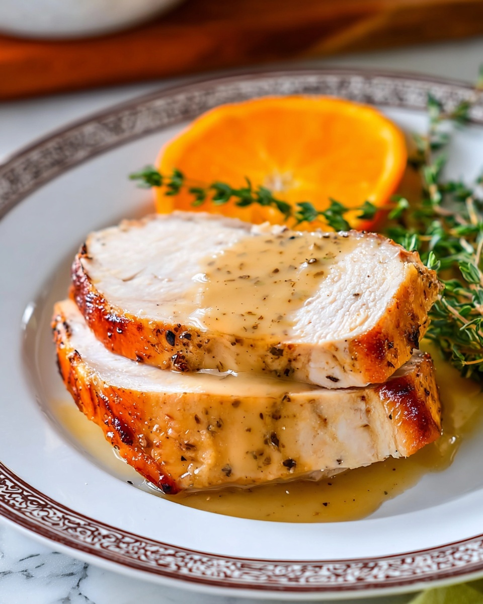 The Best Turkey Gravy Recipe 5 Two slices of cooked white meat with a golden-brown, slightly crispy skin are stacked on a white plate with a brown and gray patterned rim. The top slice is covered with a smooth, light brown gravy with visible black pepper specks. Behind the meat, there is a bright orange slice, and a small bunch of fresh green thyme is beside it. The plate sits on a white marbled surface. photo taken with an iphone --ar 4:5 --v 7