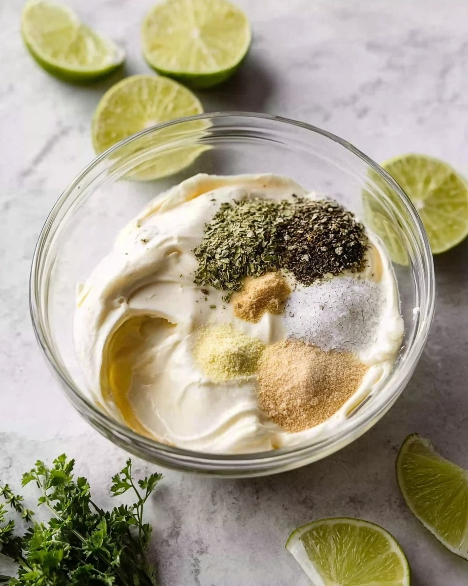 A clear glass bowl filled with several ingredients layered inside: a thick, creamy white layer, topped with smaller piles of coarse black pepper, pale yellow powder, fine white granules, and a light brown powder. The bowl is placed on a white marbled surface, surrounded by fresh lime slices scattered around and a small bunch of green herbs at the bottom left corner. The scene looks fresh and bright, with soft natural light. photo taken with an iphone --ar 4:5 --v 7