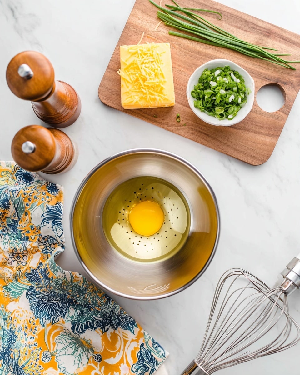 A shiny silver mixing bowl holds one egg yolk resting in a circular egg separator, surrounded by egg white, placed centrally on a white marbled surface. Above it is a wooden cutting board with a heart-shaped hole on the right side, carrying a small white bowl of chopped green onions, a block of bright orange cheese, and some thin green onion stalks. To the right of the board is a wooden salt and pepper grinder set on a matching base. On the bottom left, partially on the marbled surface, is a colorful fabric with blue, yellow, and orange patterns, holding a spatula and another utensil. The metal whisk part of a mixer is visible on the bottom right. Photo taken with an iphone --ar 4:5 --v 7