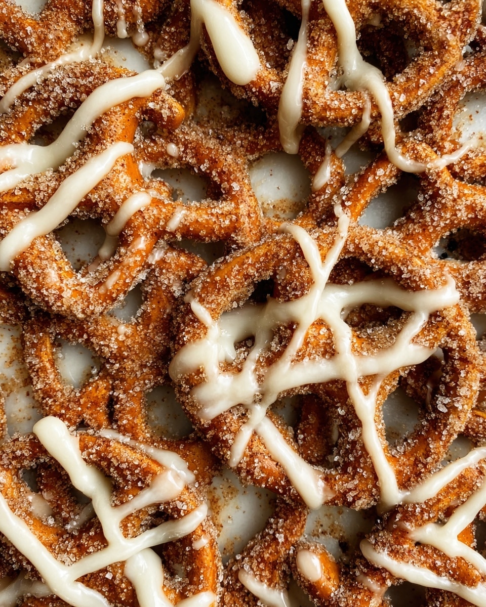 A close-up of many small pretzels covered in a light brown sugar and cinnamon mix, with thick white icing drizzled unevenly over the top in crisscross patterns, all laid on a white marbled surface. The pretzels have a crunchy texture with sugar granules visible and the white icing is creamy and smooth, creating a contrast between the rough sugar coating and the soft drizzle. Photo taken with an iphone --ar 4:5 --v 7