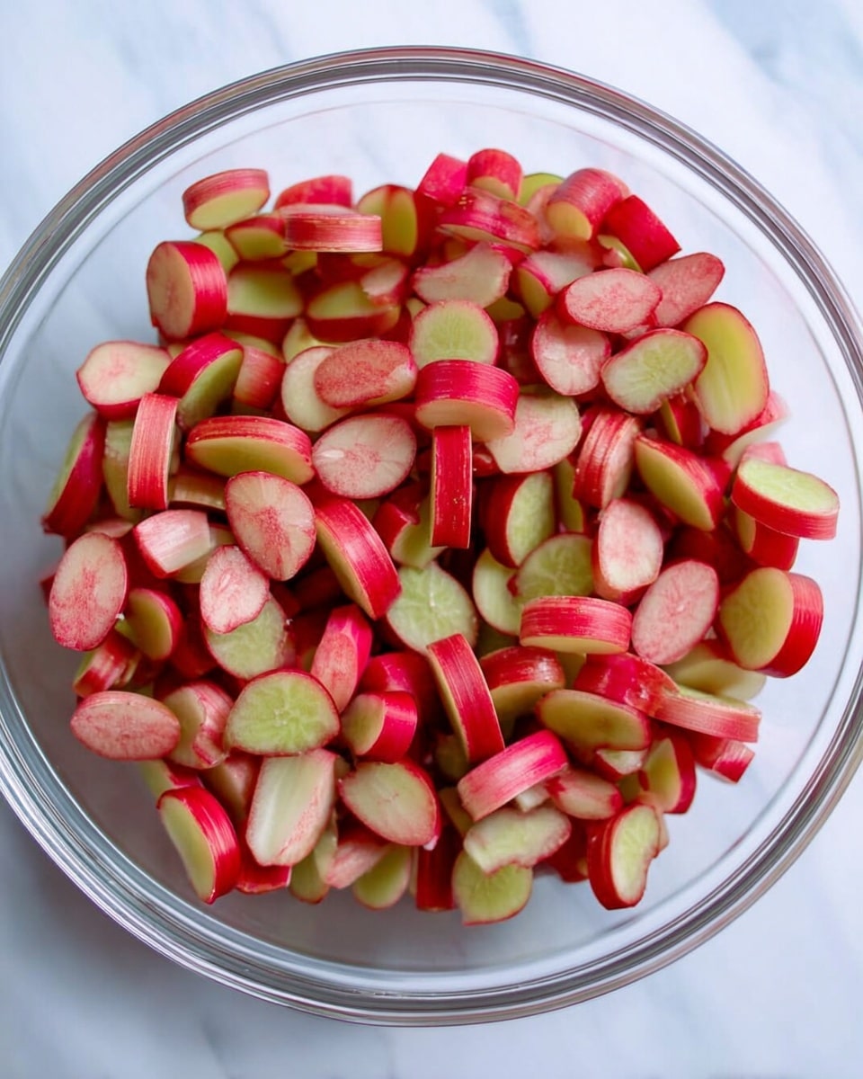 A clear glass bowl filled with many small, thin slices of rhubarb showing their bright red edges and pale green inner parts. The slices are packed loosely inside the bowl, and the bowl is set on a white marbled surface that gives a clean and fresh look. The lighting is soft and natural, highlighting the smooth and slightly shiny texture of the rhubarb slices. photo taken with an iphone --ar 4:5 --v 7