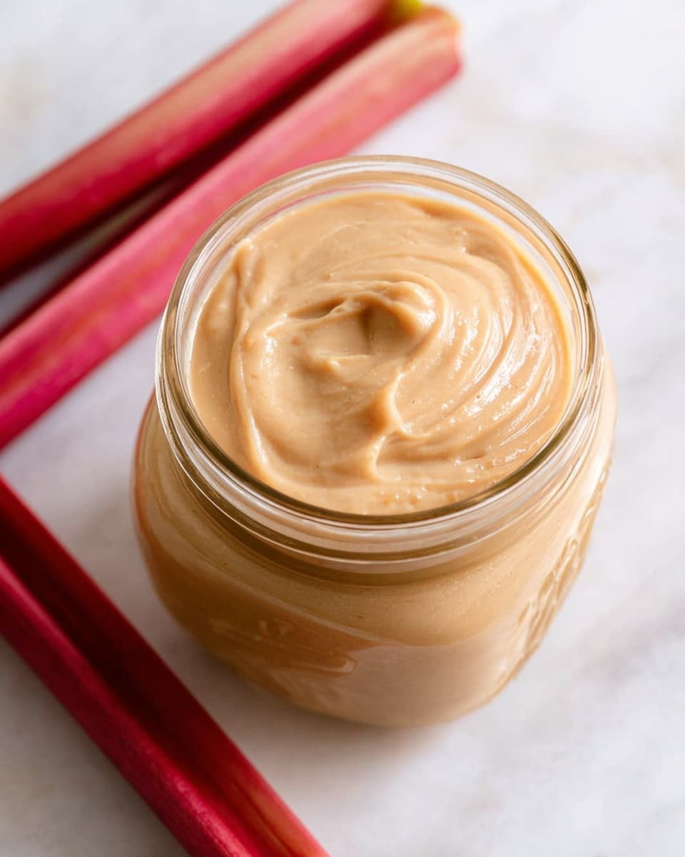 A clear glass jar filled with a smooth, creamy light brown spread sits on a white marbled surface. The spread fills the jar close to the top, showing soft swirled texture on the surface. Nearby, a thick reddish-pink stalk lies horizontally on a white marbled background, adding a natural color contrast to the scene. Photo taken with an iphone --ar 4:5 --v 7