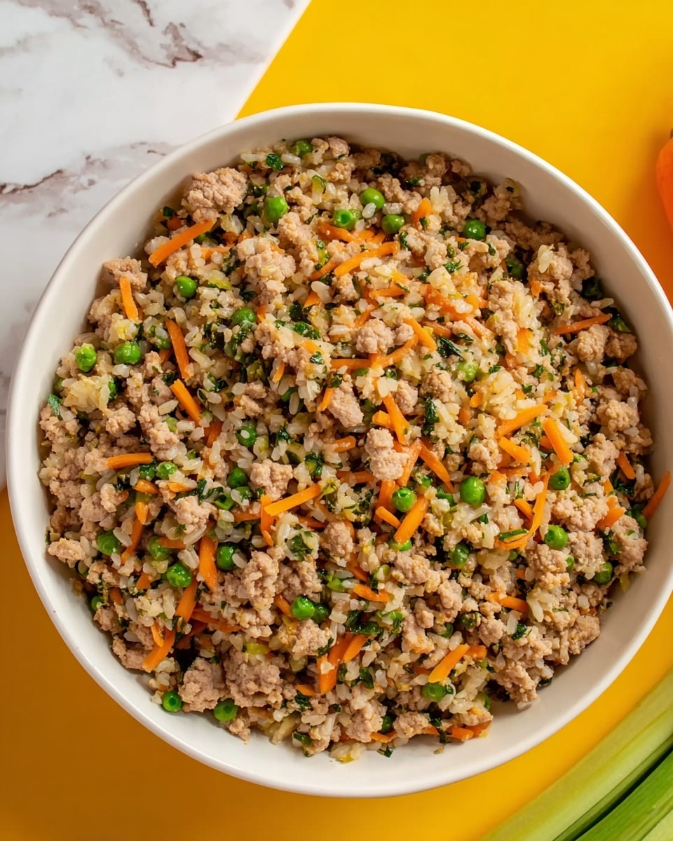 A white bowl filled with a mixed dish that has three main layers visible: minced cooked meat that is light brown and crumbly, thin orange carrot strips scattered evenly throughout, and small green peas mixed in with finely chopped green herbs and light brown rice grains. The vegetables and herbs are mixed closely with the rice and meat, giving a colorful, textured look with green, orange, and brown tones. The bowl sits on a white marbled surface with a yellow background and a vegetable partially visible at the top right corner. photo taken with an iphone --ar 4:5 --v 7