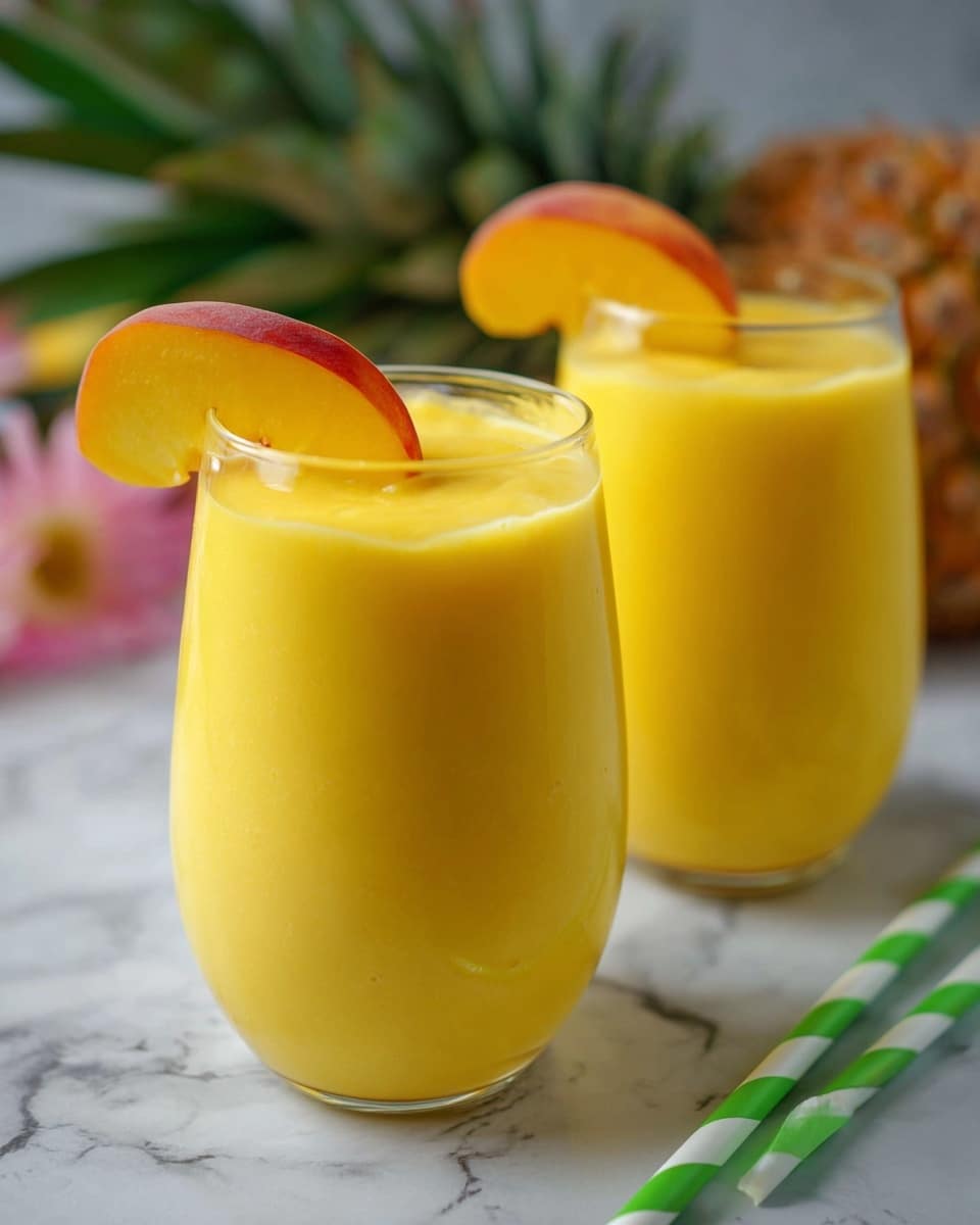 Two clear glasses filled with bright yellow smoothie on a white marbled surface, each glass garnished with a thick slice of peach on the rim. The smoothie has a smooth and creamy texture, filling each glass almost to the top. In the background, there is a blurred pineapple and some flowers adding a tropical feel. Green and white striped paper straws lie on the surface near the glasses. Photo taken with an iphone --ar 4:5 --v 7
