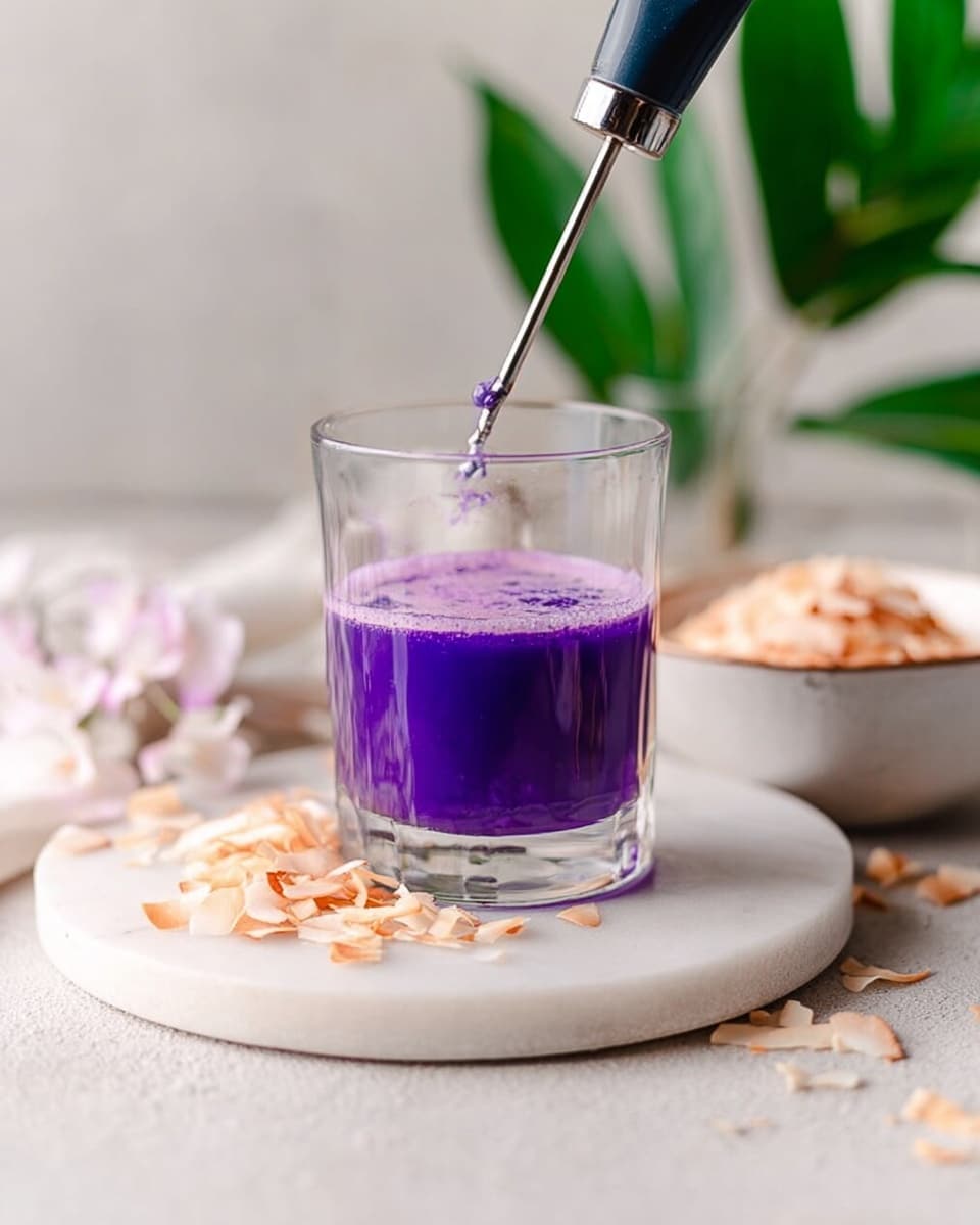 A clear glass filled with bright purple liquid sits on a round white marble board. Above the glass, a small mixer with a stainless steel stick is blending the purple drink. Around the glass on the marble board are light beige toasted coconut flakes scattered. Behind the glass, there is a small white bowl filled with more toasted coconut flakes, and further back, green leaves add a soft touch of color. The whole scene rests on a white marbled surface with soft natural light. photo taken with an iphone --ar 4:5 --v 7