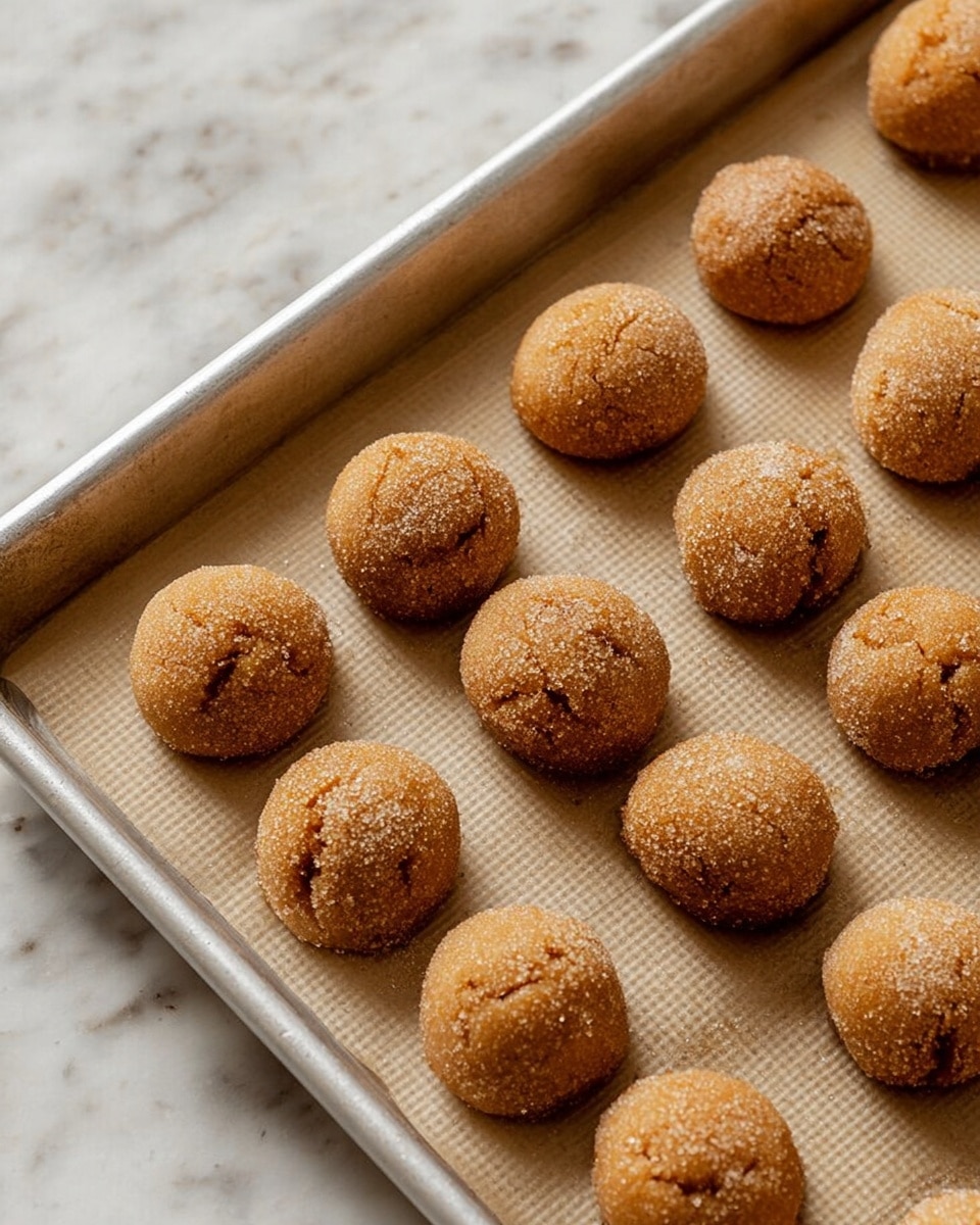 A tray of round, golden-brown cookie dough balls coated in a light layer of sugar, arranged neatly in rows on parchment paper inside a metal baking sheet, all placed on a white marbled surface. The dough balls have a slightly cracked texture on top, giving them a rustic look. photo taken with an iphone --ar 4:5 --v 7
