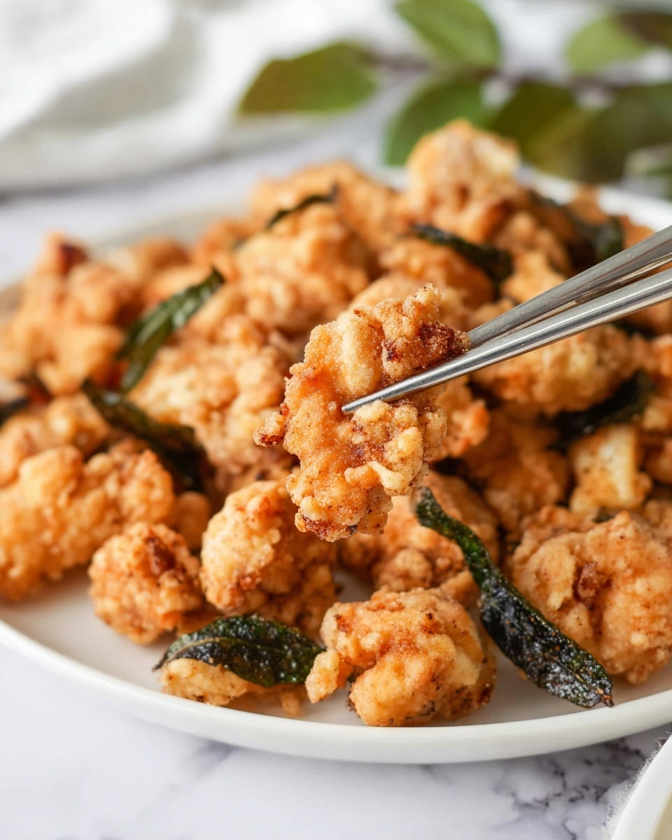 A white round plate holds many small, crispy fried chicken pieces with a golden-brown color and a bumpy texture, mixed with dark green fried leaves scattered throughout. In the foreground, a pair of metal chopsticks is holding one piece of the fried chicken, showing its crunchy coating up close. The background shows a blurred white marbled surface with some green leaves. Photo taken with an iphone --ar 4:5 --v 7