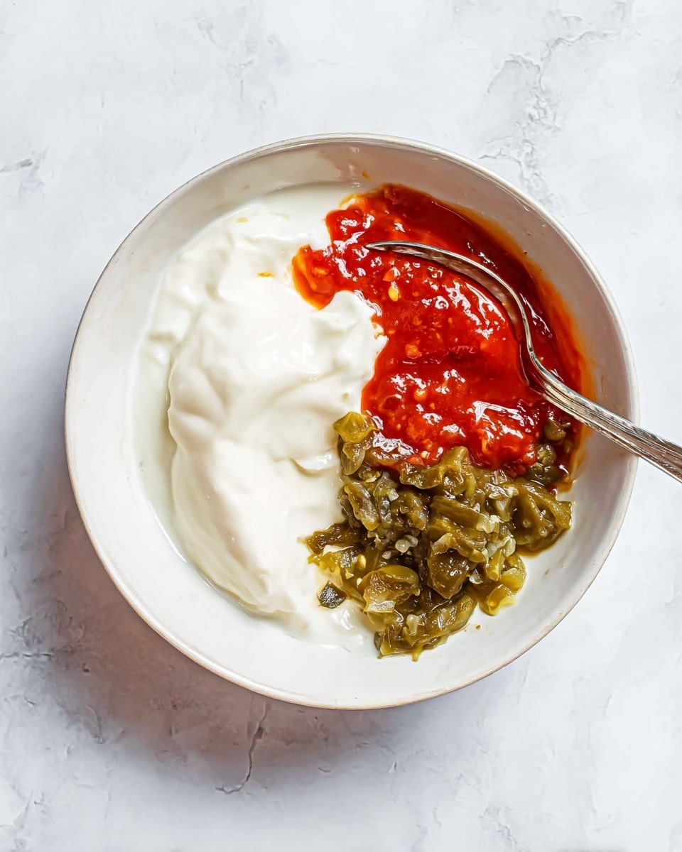 A white bowl sits on a white marbled surface, holding three main layers of ingredients separated yet close together: on the left side, a large portion of smooth, thick white yogurt; on the top right, a bright red sauce with a slightly shiny and smooth texture; and below the red sauce, a mix of finely chopped green pickles with a bit of liquid oily shine, creating a textured and wet look. A silver spoon rests inside the bowl, partially submerged in the yogurt. Photo taken with an iphone --ar 4:5 --v 7