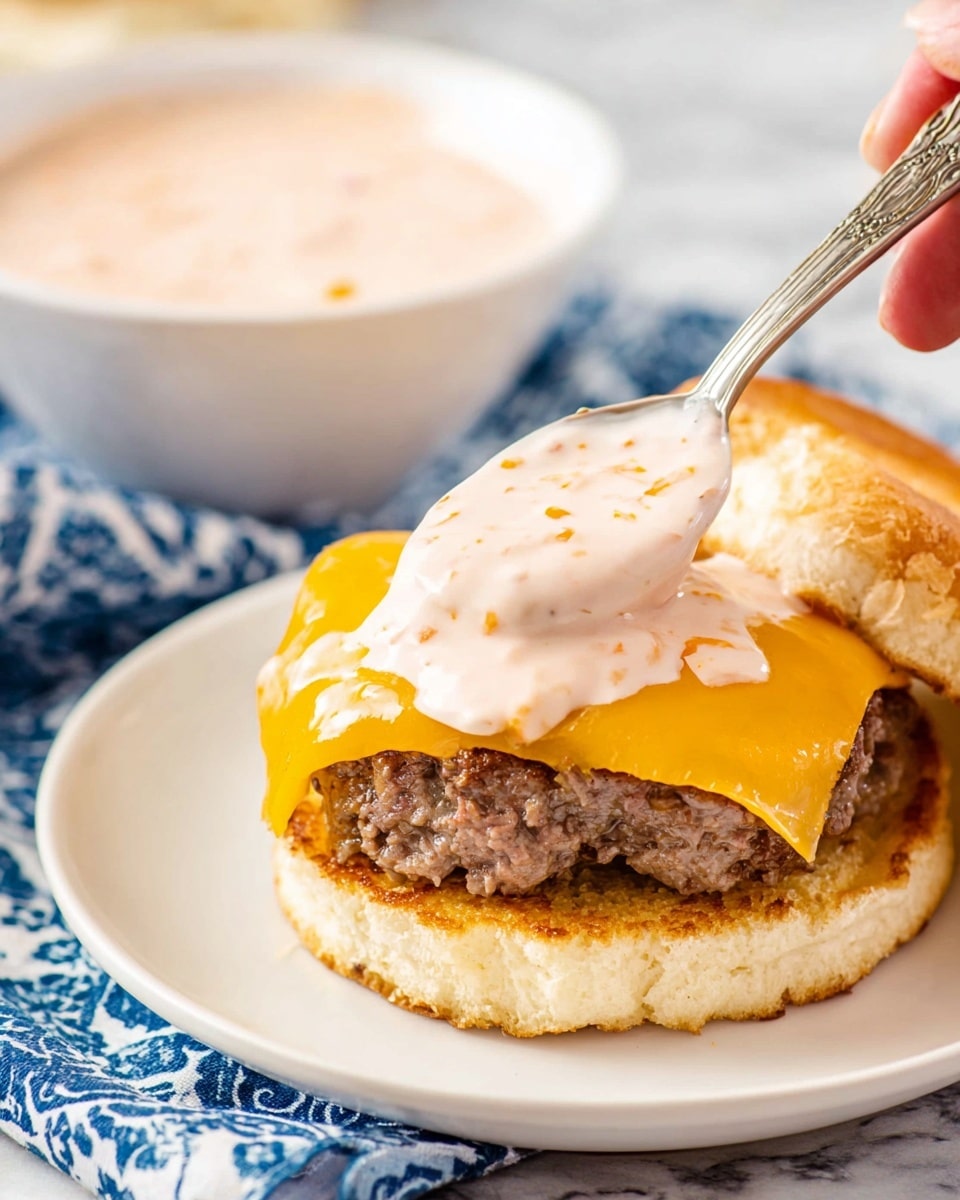 A close-up view of a sandwich with three main layers: the bottom is a light golden round toasted bread, topped by a thick brown beef patty, then a bright yellow slice of melted cheddar cheese covering the patty. On top, a spoon held by a woman's hand is spreading a creamy pale pink sauce with small orange flecks. The sandwich is on a white plate, placed on a white marbled surface with a blue patterned cloth showing partially. In the background, there is a blurred white bowl with the same pink sauce. Photo taken with an iphone --ar 4:5 --v 7