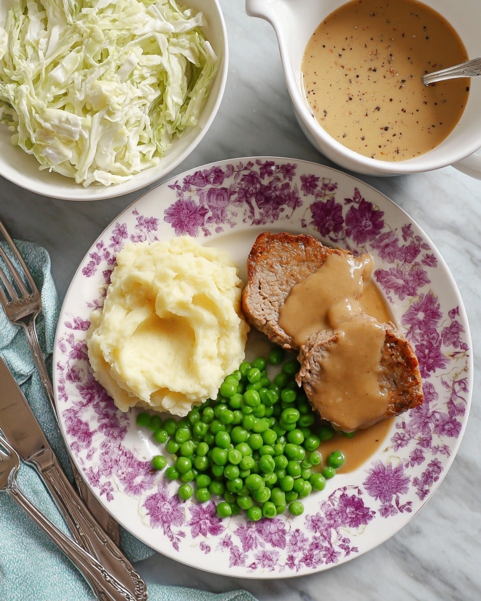 A round white plate with purple and pink flower patterns holds a meal made of three parts: two browned cooked meat pieces at the bottom left, a small pile of smooth and creamy mashed potatoes in pale yellow on the upper left, and a neat cluster of bright green peas on the right side. To the right of the plate are two white bowls, one filled with shiny shredded white cabbage and the other with light brown creamy gravy with visible pepper specks. The background is a smooth white marbled surface, and a silver fork and knife sit below the plate. Photo taken with an iphone --ar 4:5 --v 7