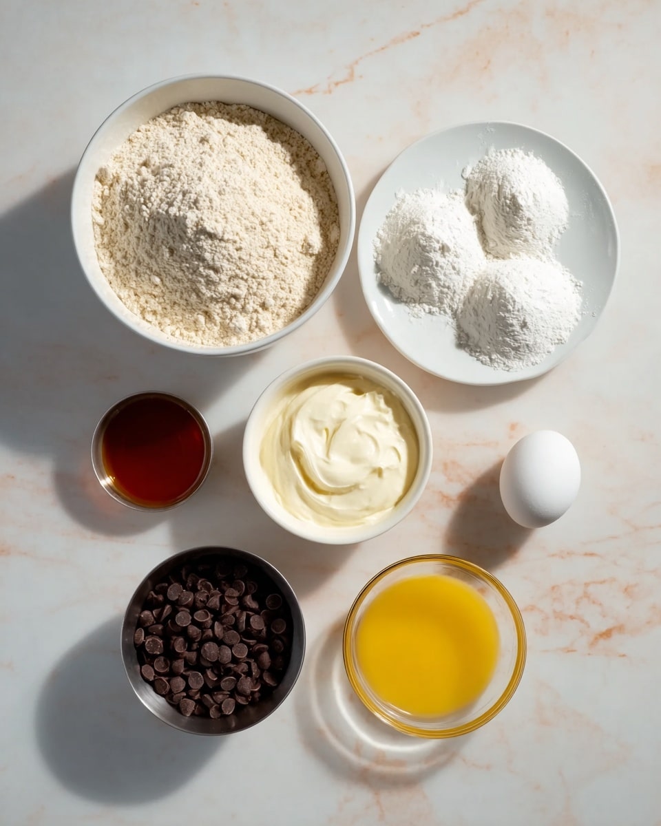 The image shows seven different baking ingredients arranged neatly on a white marbled surface. At the top left, a white bowl filled with light beige flour, next to it on the right, a white plate with three small piles of white powders. Below the flour, a white round container with thick white cream. Next to the cream, on the right, a small white cup with dark amber liquid inside. Below the cream, a small metallic cup filled with dark brown chocolate chips. To the right of the chips, a small transparent glass bowl filled with melted yellow butter. Lastly, at the bottom right, a single white egg is placed on the surface. The items are evenly spaced with soft shadows in natural light. photo taken with an iphone --ar 4:5 --v 7