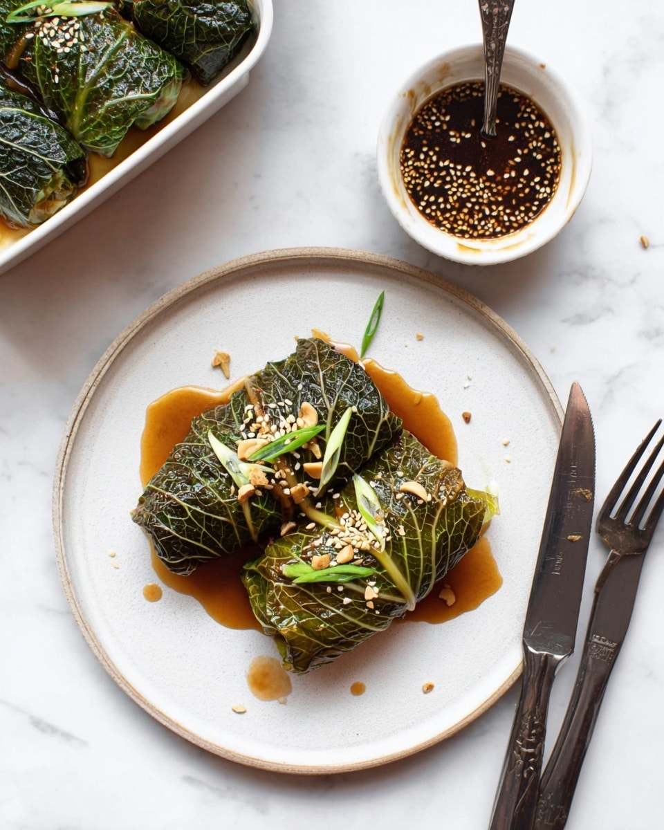 Two cabbage rolls wrapped tightly are placed side by side on a white round plate with a light texture. The cabbage leaves are dark green with visible veins and glossiness from a brown sauce drizzled over and around them. The rolls are topped with small white sesame seeds, green sliced scallions, and a few light brown nuts or seeds. To the right of the plate is a dark metal fork and knife set. Above the plate, a small white bowl filled with dark brown sauce speckled with sesame seeds and a spoon inside is partially visible. In the top left corner, there is a baking dish with more cabbage rolls in the same dark green leaves. The whole setting is on a white marbled surface. Photo taken with an iphone --ar 4:5 --v 7