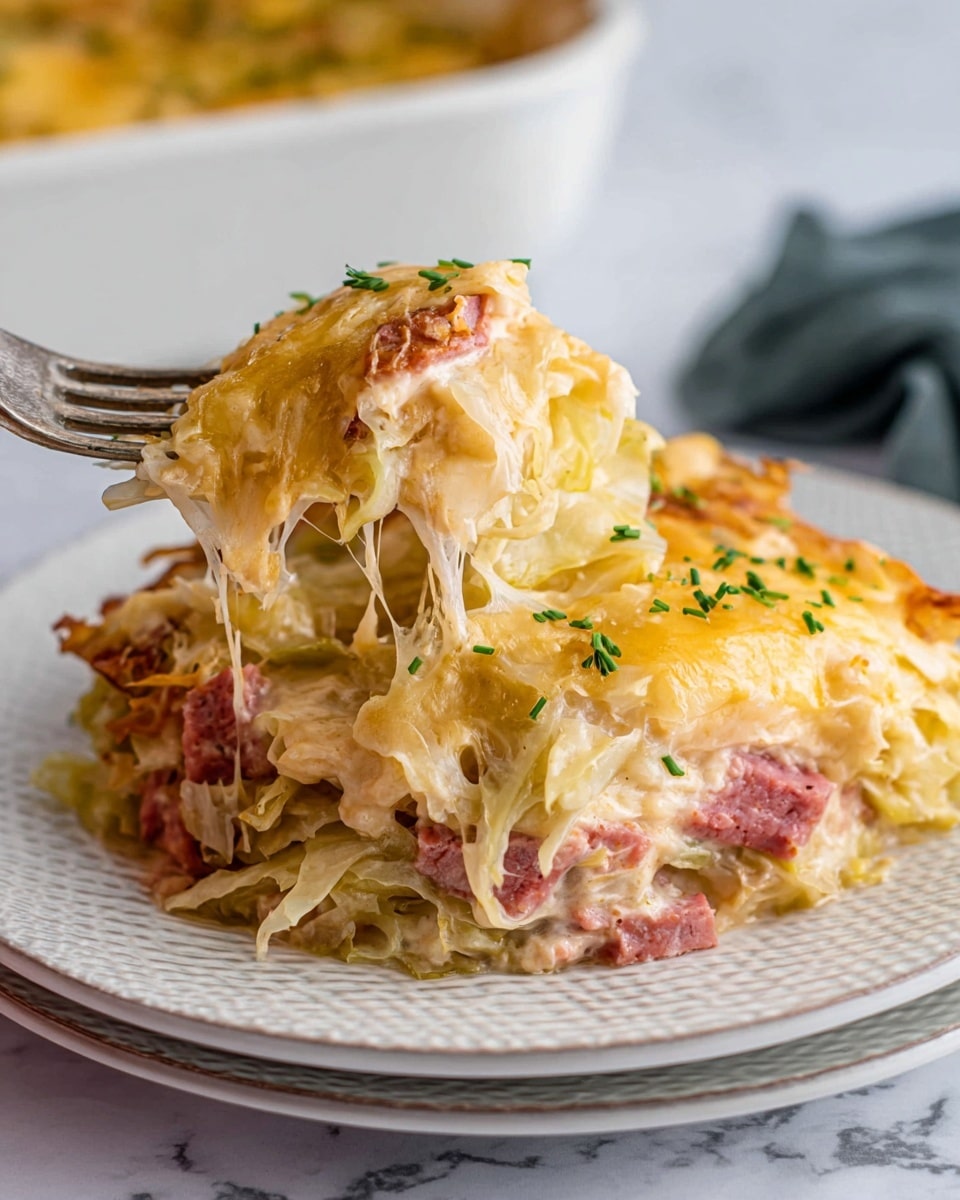 The dish shows a close-up of a creamy baked casserole with three main layers: a bottom layer of shredded light brown cabbage mixed with small pieces of pinkish-red meat, a middle layer where the cabbage and meat blend with a creamy sauce, and a top layer of melted light golden cheese sprinkled with small green herbs. A silver fork is pulling a portion from the main serving on a white plate with a textured rim, set against a white marbled surface. The cheese layer bubbles slightly at the edges, and strands of cabbage and meat stretch as the fork lifts the food. Photo taken with an iphone --ar 4:5 --v 7