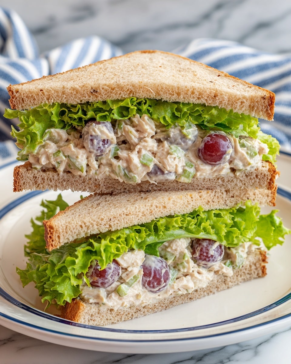 The image shows two triangular sandwiches placed on a white plate with a blue rim, set on a white marbled surface. Each sandwich has three layers: a light brown whole wheat bread slice on top and bottom, a middle layer of green leafy lettuce, and a thick filling made of shredded chicken mixed with chopped red grapes. The chicken mixture is creamy and light in color, contrasting with the green lettuce and the reddish-purple grapes. The sandwiches are stacked close together, with the filling visible from the side, and the background has a soft striped cloth in blue and white. Photo taken with an iphone --ar 4:5 --v 7