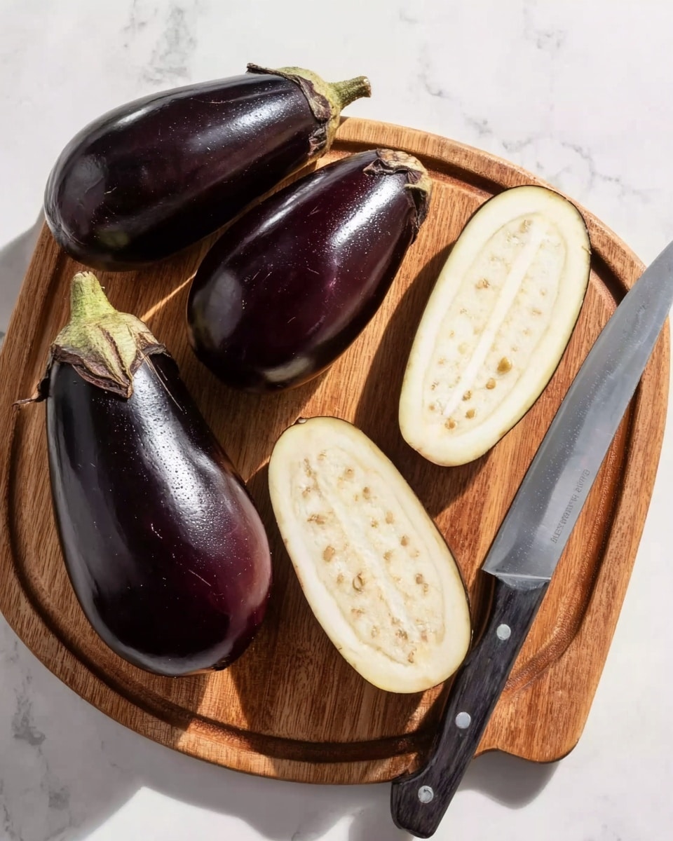 The image shows a wooden cutting board with a sharp kitchen knife resting on it. On the board, there are three whole dark purple eggplants with shiny smooth skin, and one eggplant sliced in half lengthwise, showing its creamy white flesh with small light brown seeds inside. The board is placed on a white marbled surface with soft natural light reflecting slightly on the eggplants and knife. Photo taken with an iphone --ar 4:5 --v 7