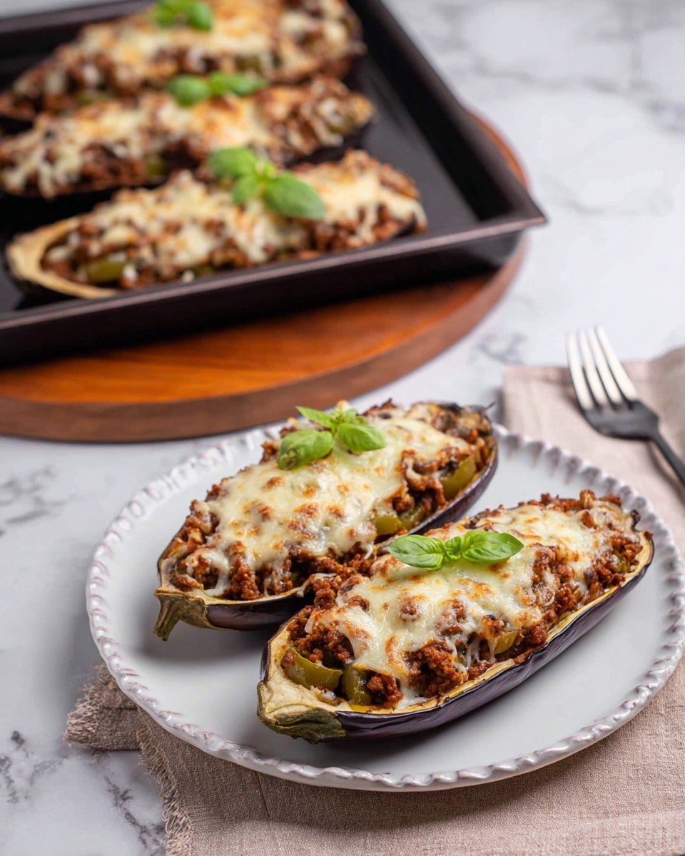 Two eggplant halves lay side by side on a white plate with a scalloped edge, each filled with a layer of cooked ground meat mixed with diced green peppers, topped with a generous layer of melted and slightly browned cheese. Each stuffed eggplant half is garnished with a small fresh green basil leaf on top. In the background, two more stuffed eggplants rest on a dark baking tray placed on a wooden round board, all set on a white marbled surface. A fork lies to the right of the plate on a beige cloth napkin. Photo taken with an iphone --ar 4:5 --v 7