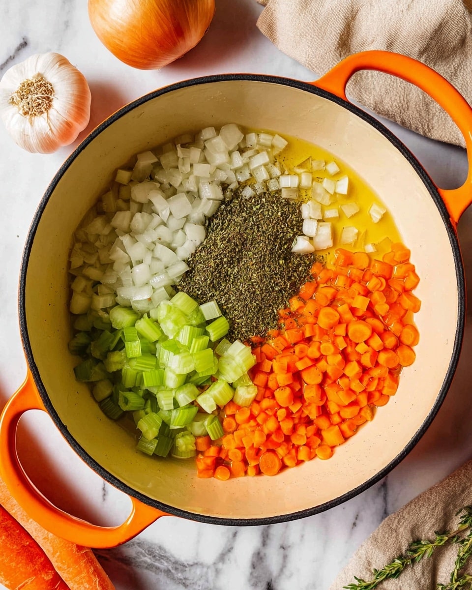 A white pot with orange handles sits on a white marbled surface. Inside the pot, there are four main layers of ingredients arranged side by side. On the left, there are small white diced onions, next to them are small bright green diced celery pieces. To the right of the celery, there is a pile of dried herb seasoning with a dark green color, and to the right of that, bright orange diced carrots mixed with some white salt crystals. The bottom of the pot has a melted butter layer with a shiny yellow color. In the background, there is an onion, carrots, garlic bulb, and a piece of beige cloth. Photo taken with an iphone --ar 4:5 --v 7