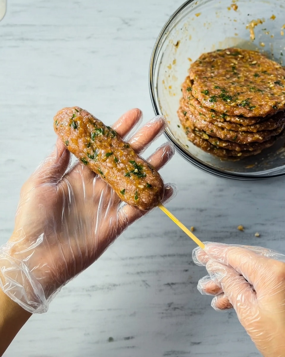 A woman's hand wearing a transparent glove holds a thick, oval-shaped piece of raw marinated meat mixed with green herbs, with a light brown color and some dark spots. A thin wooden skewer pierces horizontally through the bottom of the meat. Another woman's hand, also with a transparent glove, holds the skewer. To the right is a clear glass bowl on a white marbled surface, containing more of the same meat mixture, shaped into flat, round patties stacked together. Photo taken with an iphone --ar 4:5 --v 7