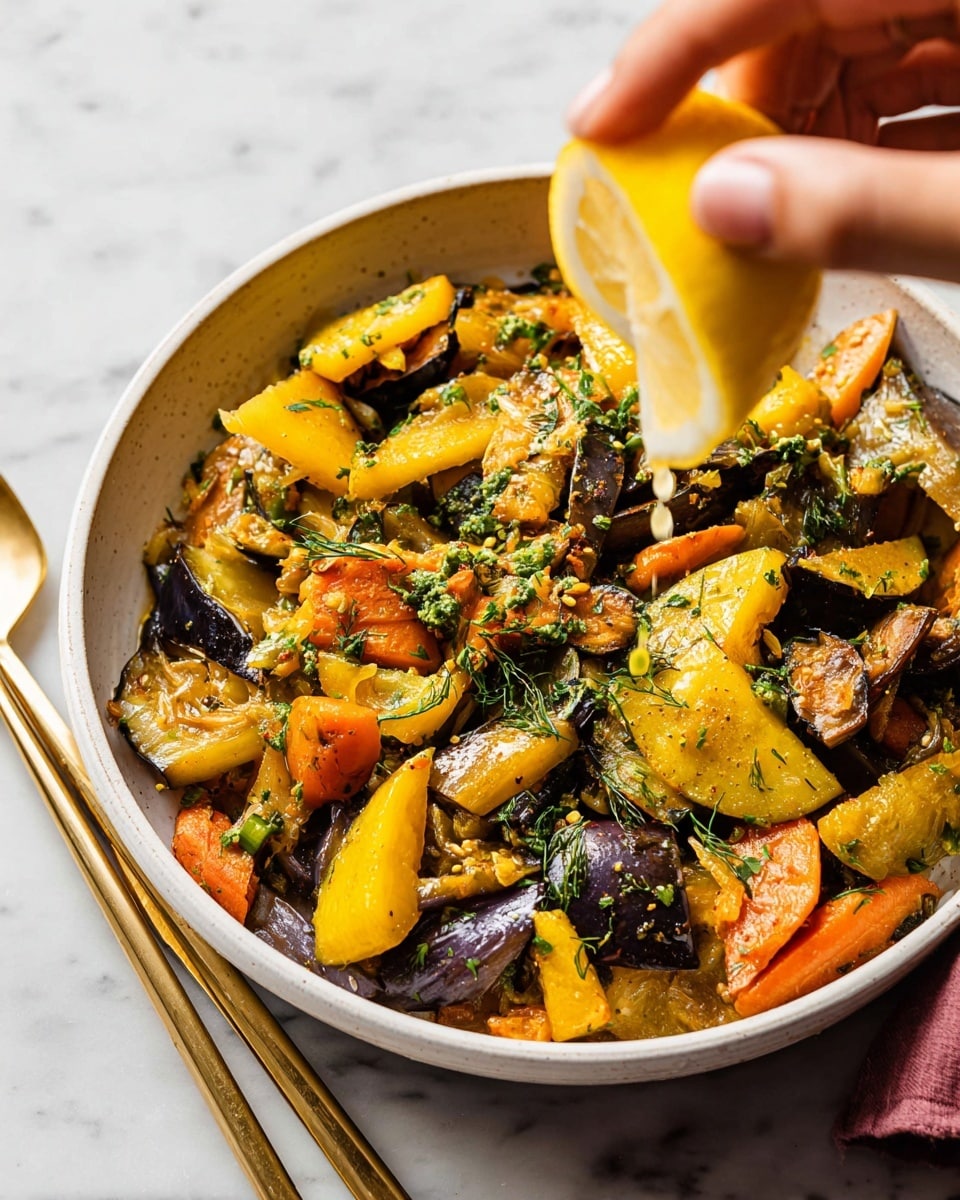 A white bowl filled with a colorful mix of cooked vegetables including yellow and purple eggplant, orange carrot pieces, and green herbs layered evenly, showing textures of soft cooked vegetable skins and seeds. A woman's hand is squeezing a bright yellow lemon wedge over the bowl, with drops of juice visible in mid-air. Two long golden chopsticks rest on the edge of the bowl on a white marbled surface. Photo taken with an iphone --ar 4:5 --v 7