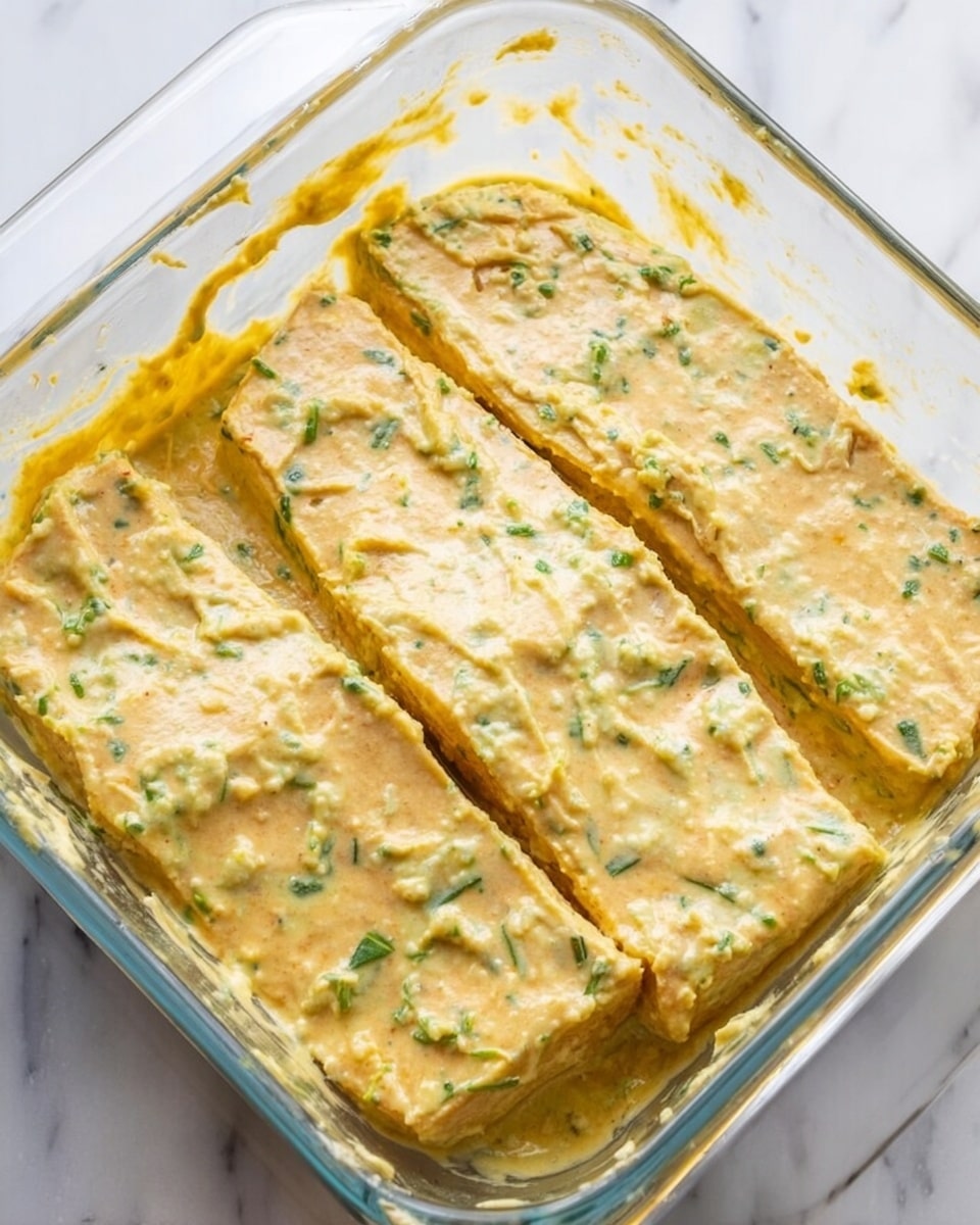The image shows a clear glass baking dish filled with four rectangular pieces of food covered in a thick, creamy sauce. The sauce is pale yellow with visible small green herbs mixed in, adding texture and color. The sauce has an uneven, slightly rough surface that spreads over the pieces, covering them completely. The dish is placed on a white marbled surface, and the edges of the glass dish are visible, showing its transparent and shiny texture. photo taken with an iphone --ar 4:5 --v 7