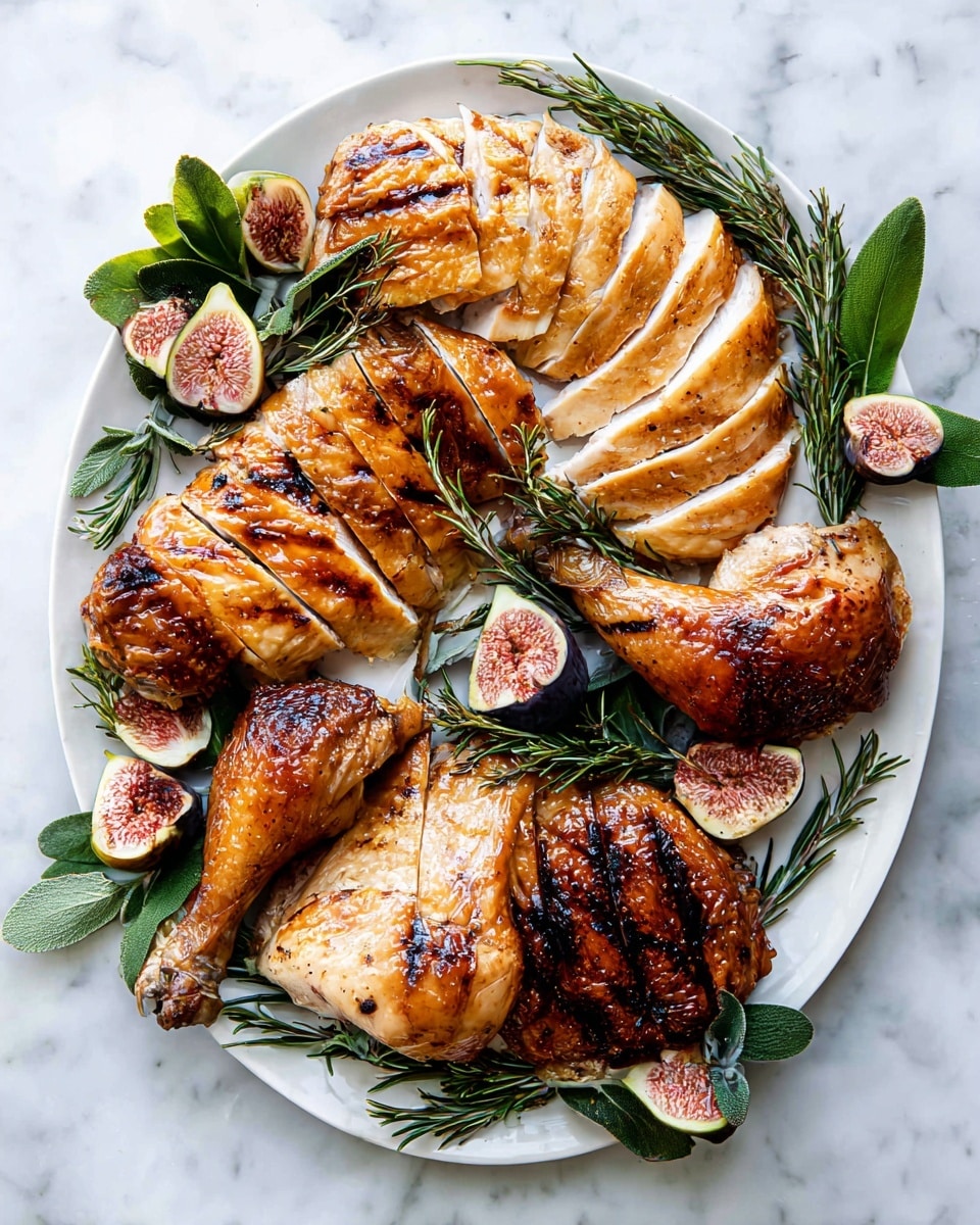 A white plate holds multiple pieces of golden brown roasted chicken arranged in layers: two sections of sliced chicken with shiny, crispy skin showing darker grill marks on the top left and bottom right, two roasted chicken thighs with smooth, slightly shiny skin near the center, and two roasted drumsticks with a rich brown surface and some char near the bones. The chicken is garnished with fresh green leaves and sprigs of rosemary placed around the edges, along with halved fresh figs showing their pink and purple insides. The whole plate is set on a white marbled surface. Photo taken with an iphone --ar 4:5 --v 7