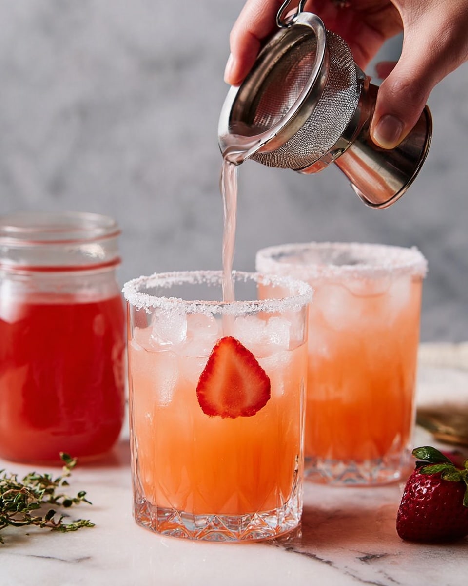 Two clear glasses filled with ice cubes and an orange-pink drink, each glass having a strawberry slice pressed against the inside near the bottom. The glass in the front has a sugar rim and a woman's hand is pouring the drink from a metal shaker through a strainer into it. In the background, there is a second glass filled with the same drink and ice, a jar with red liquid, a whole strawberry, and some green herbs on a white marbled surface. photo taken with an iphone --ar 4:5 --v 7