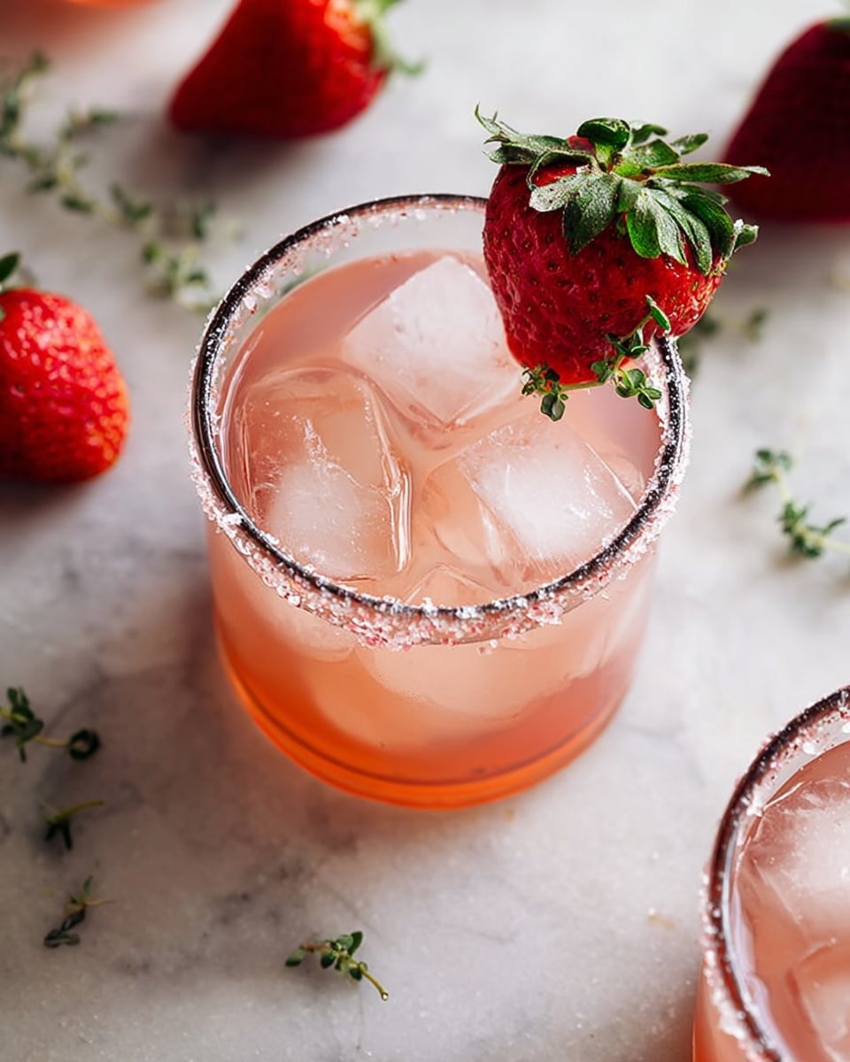 A glass with a sugar-rimmed edge is filled with light pink liquid and several large clear ice cubes floating on top. A halved strawberry with green leaves sits on the rim, leaning slightly into the drink, and a small twig of green herb is tucked next to the strawberry on the rim. The drink is placed on a white marbled surface scattered with two whole strawberries and small green herb sprigs nearby. Part of another similar glass mostly filled with the same pink drink and ice is visible at the bottom right corner of the image. Photo taken with an iphone --ar 4:5 --v 7