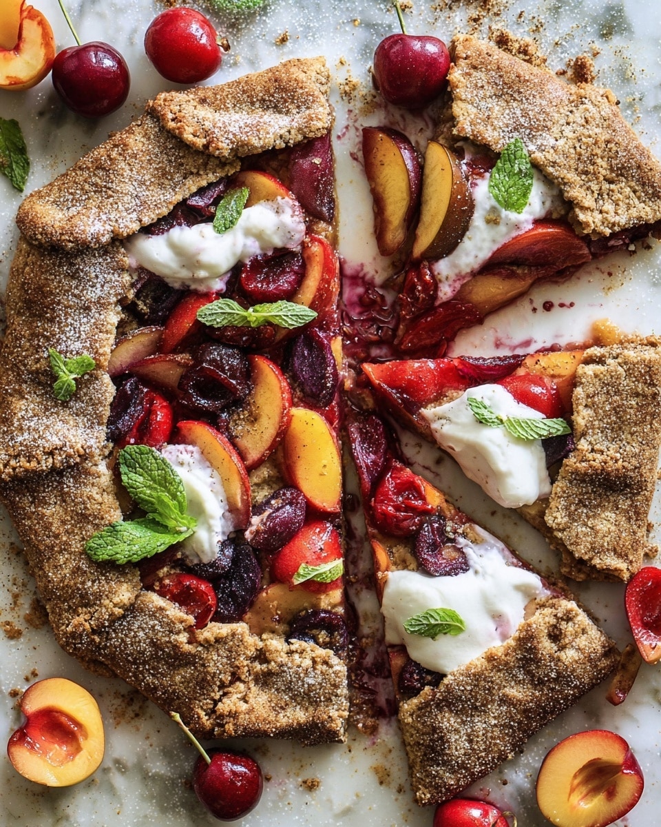 The image shows a rustic fruit galette on a white marbled surface, with a thick, brown crust sprinkled with coarse sugar folded over the edges of the filling. The filling has layers of red and yellow sliced fruit, including cherries and plums, some with seeds showing. There are dollops of white cream partially melted over the fruit, with green mint leaves placed on top for decoration. Around the galette are whole red and yellow cherries, some cut in half, revealing their juicy insides. The galette is cut into uneven pieces, and the flaky crust has a rough texture with visible browning. Photo taken with an iphone --ar 4:5 --v 7