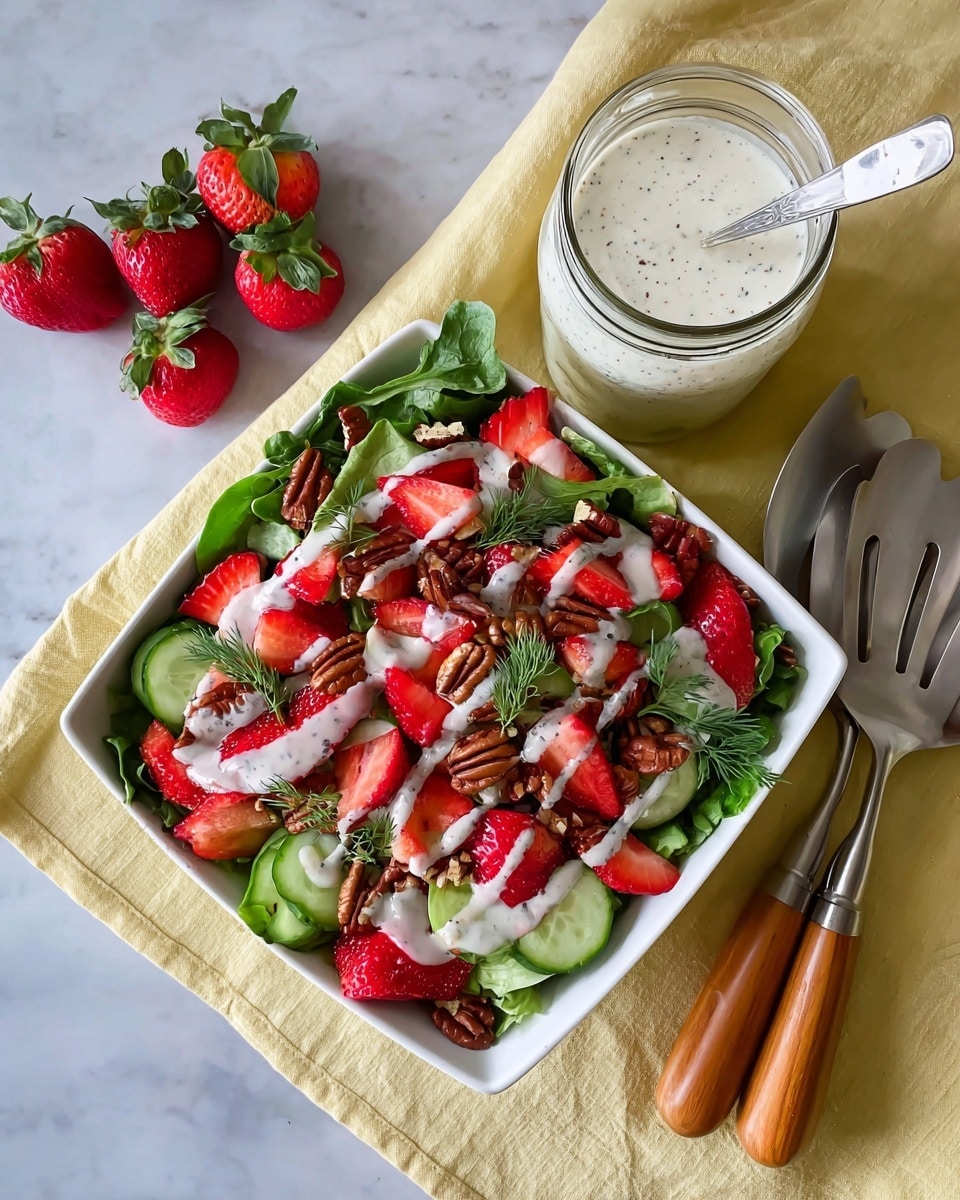 A white bowl filled with a fresh salad is placed on a white marbled surface. The salad has two main layers: the first layer is green leafy arugula at the bottom. The second layer has bright red strawberries, some whole and some halved, along with thick, crisp cucumber pieces cut into chunky slices. Scattered among the fruit and veg are small brown pecan nuts adding texture. Fresh green dill sprigs are placed throughout the salad. White creamy dressing with visible black poppy seeds is drizzled over the top in thin lines, covering strawberries, cucumbers, and nuts. Three whole strawberries rest beside the bowl on the white marbled surface. photo taken with an iphone --ar 4:5 --v 7