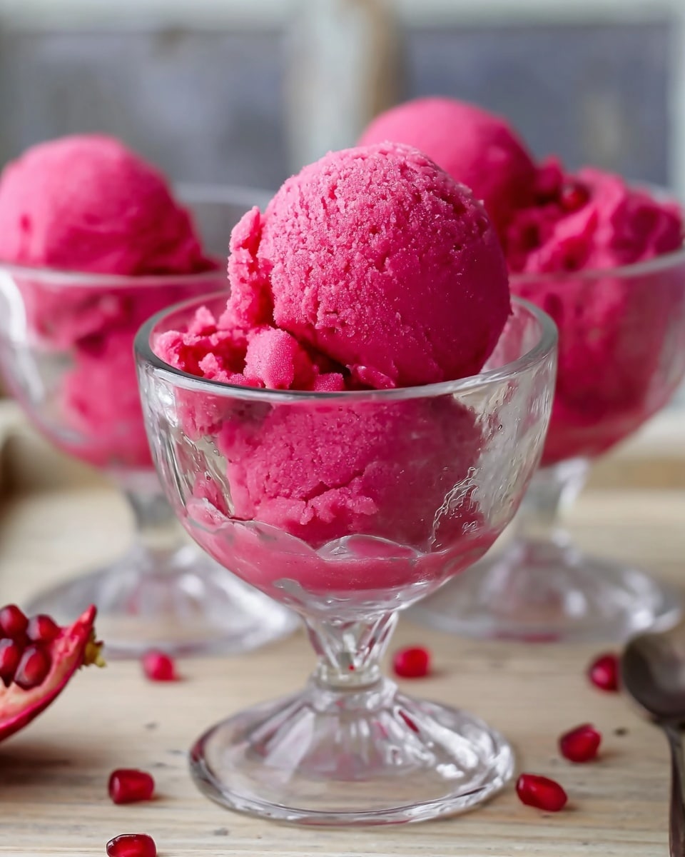 The image shows clear glass dessert cups each holding two scoops of bright pink sorbet with a smooth yet slightly textured surface. The sorbet scoops are round and sit one on top of the other inside the glass. Around and under the cups are a few scattered red pomegranate seeds adding small pops of brightness. The glasses are on a light wooden surface, with a blurred background. The overall look is fresh and colorful. photo taken with an iphone --ar 4:5 --v 7