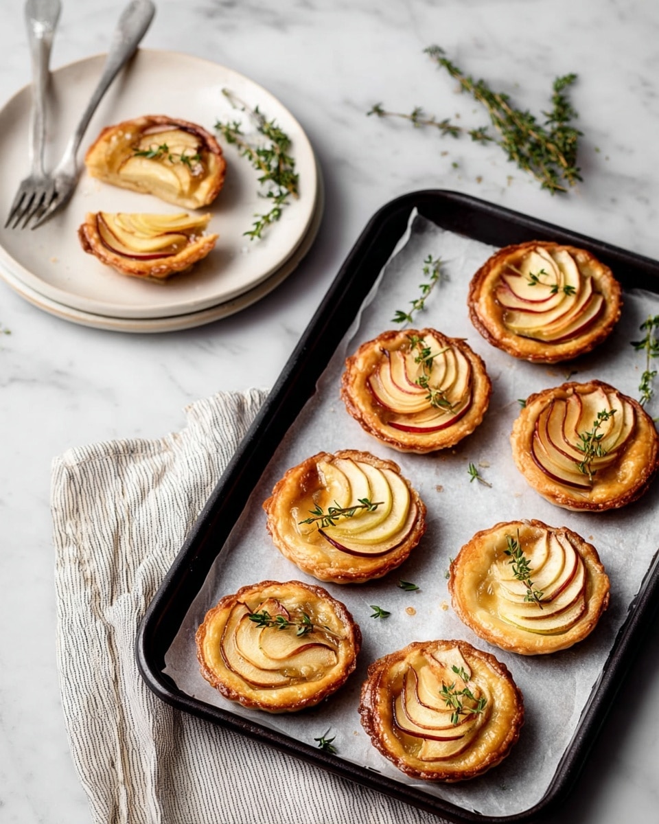 There are seven small round tarts with golden-brown flaky crusts arranged on a black baking tray lined with white parchment paper. Each tart is topped with thin, curved slices of red and yellow apples layered over a glossy, light brown filling, and garnished with small green thyme sprigs. To the left, one tart is placed on a white plate, cut in half, showing the layers clearly, with a silver fork next to it. Fresh thyme sprigs and a pair of scissors lie on the white marbled surface beside the tray, with a folded striped cloth partially under the tray. The photo taken with an iphone --ar 4:5 --v 7