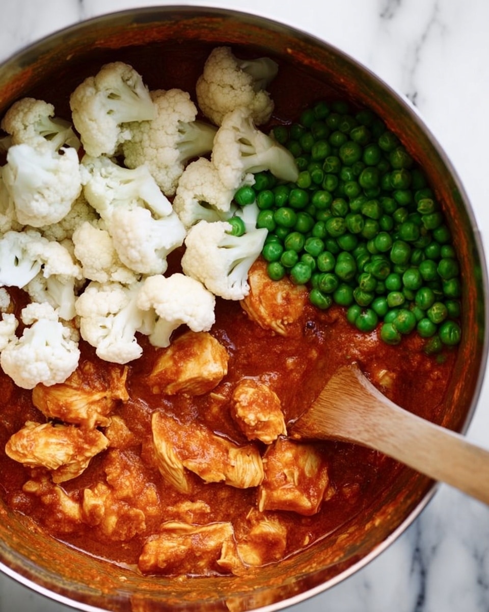 A close-up view inside a pot shows three main layers of food: at the bottom, chunks of cooked chicken in a thick red-orange sauce; on the top left, fresh white cauliflower florets loosely scattered; and on the top right, a small pile of bright green peas. A light brown wooden spoon is partially dipped in the sauce near the peas. The pot’s shiny metal rim is visible at the edges. The background is a white marbled texture. photo taken with an iphone --ar 4:5 --v 7