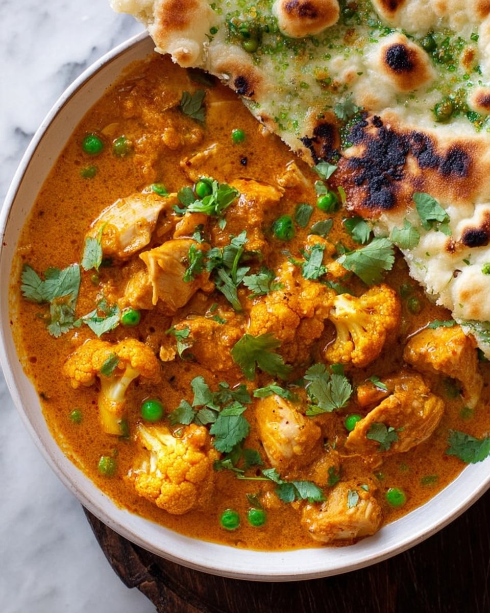 A close-up view of a white bowl filled with a creamy orange curry containing chunks of chicken, bright orange cauliflower pieces, and green peas, all mixed in a thick sauce. On the top right side of the bowl, a piece of flatbread with green herb bits and charred spots rests partly inside the curry. Fresh green cilantro leaves are scattered on the curry’s surface, adding a fresh contrast. The bowl is placed on a white marbled surface. Photo taken with an iphone --ar 4:5 --v 7
