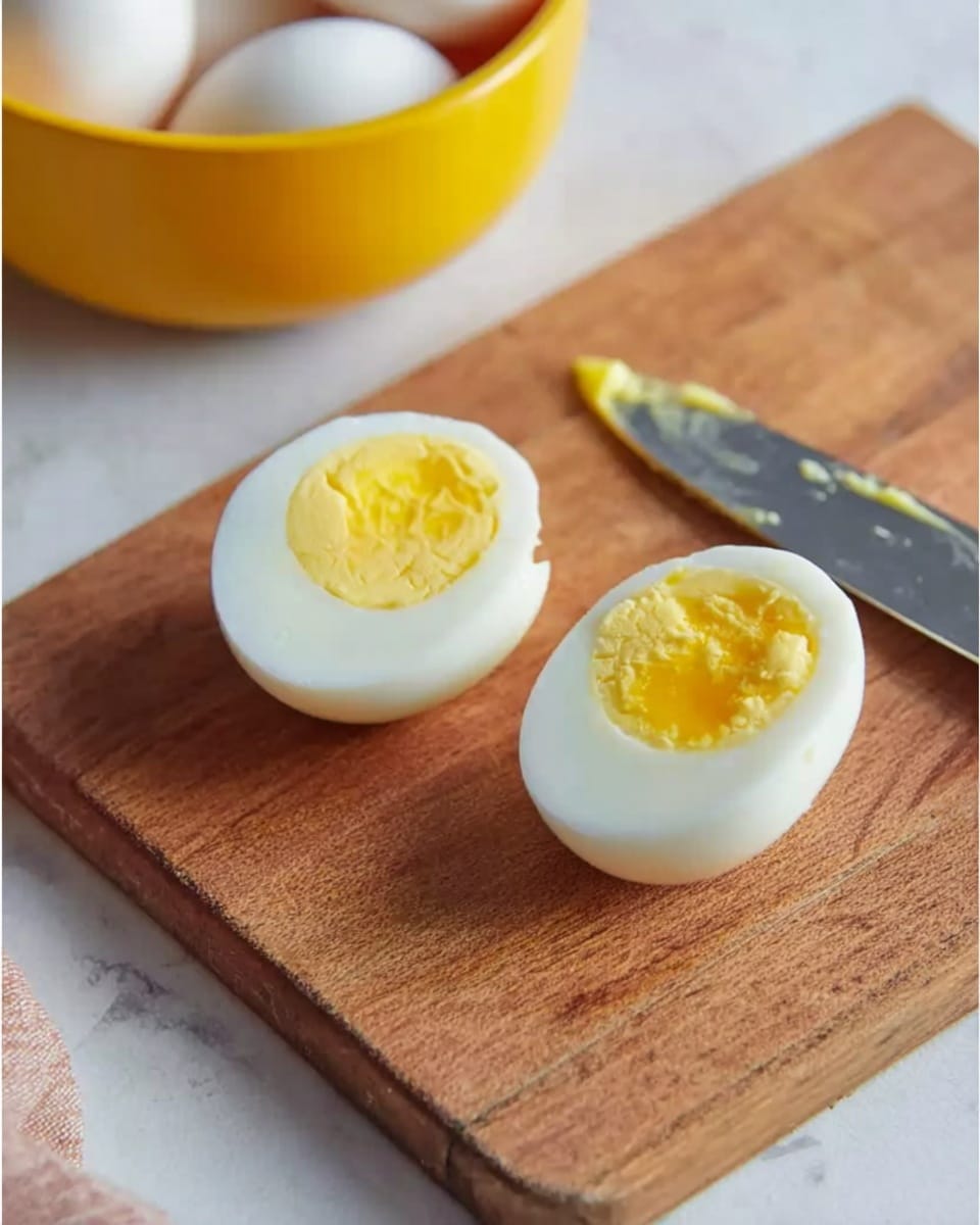 The image shows a wooden cutting board on a white marbled surface with two halves of a boiled egg. One half is lying flat showing its smooth white outer layer and soft, yellow yolk in the center. The other half is resting on its side, clearly showing the inside texture of the white part and the yolk. Near the eggs, there is a knife with some yellow yolk on the blade. In the background, there is a yellow bowl with whole boiled eggs slightly out of focus. Photo taken with an iphone --ar 4:5 --v 7