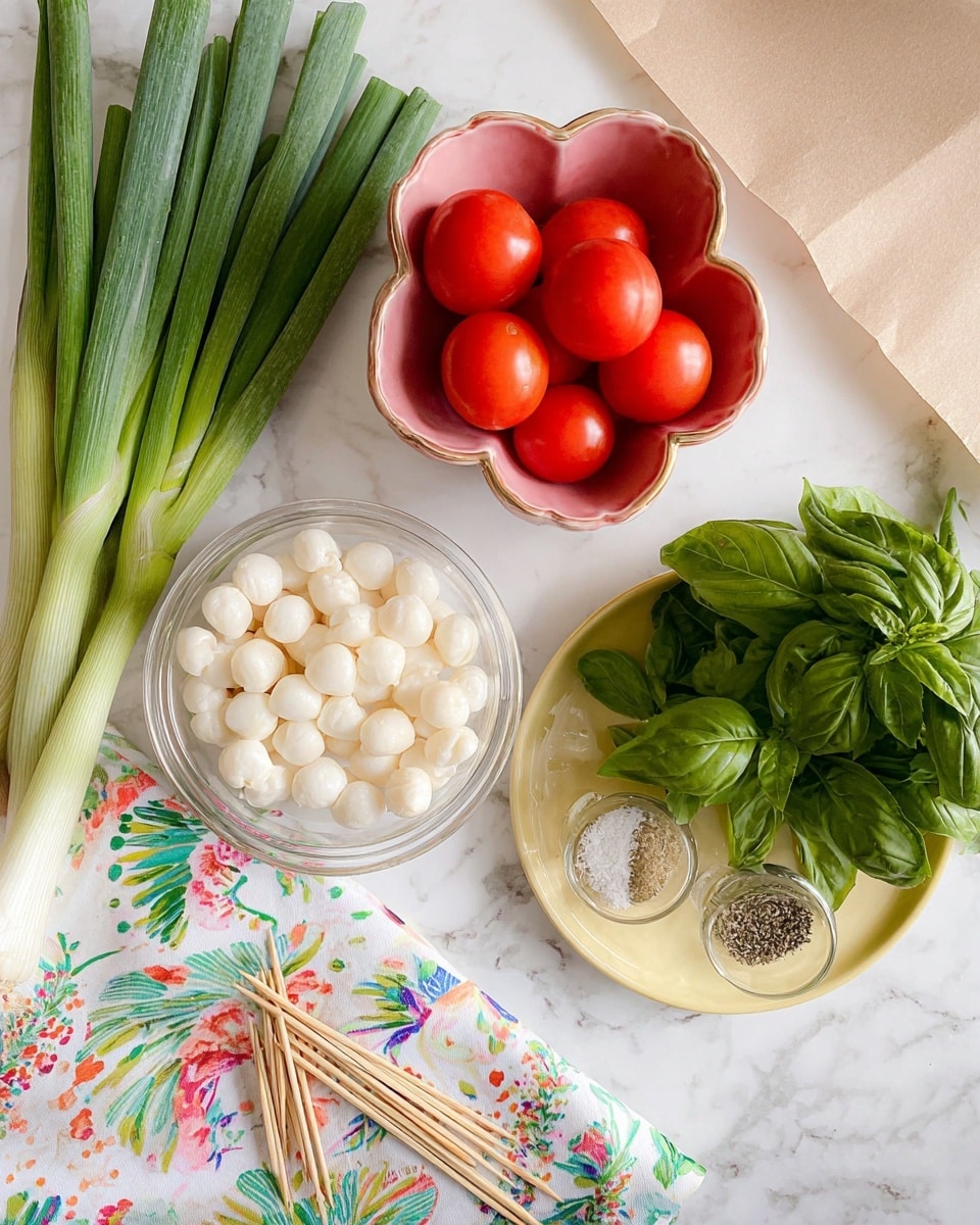 The image shows fresh ingredients arranged on a white marbled surface. There is a bunch of green onions with long light green and white stalks placed on the left side. Above them, a pink flower-shaped bowl is filled with seven shiny red tomatoes. Below the tomatoes, a clear round container holds many small white mozzarella balls. Next to the container, a set of wooden skewers is laid out on a white cloth with colorful floral patterns. On the right side, a light yellow plate holds a bunch of fresh green basil leaves with a small pile of ground black pepper and salt beside them. A brown paper is seen at the top right corner of the image. Photo taken with an iphone --ar 4:5 --v 7