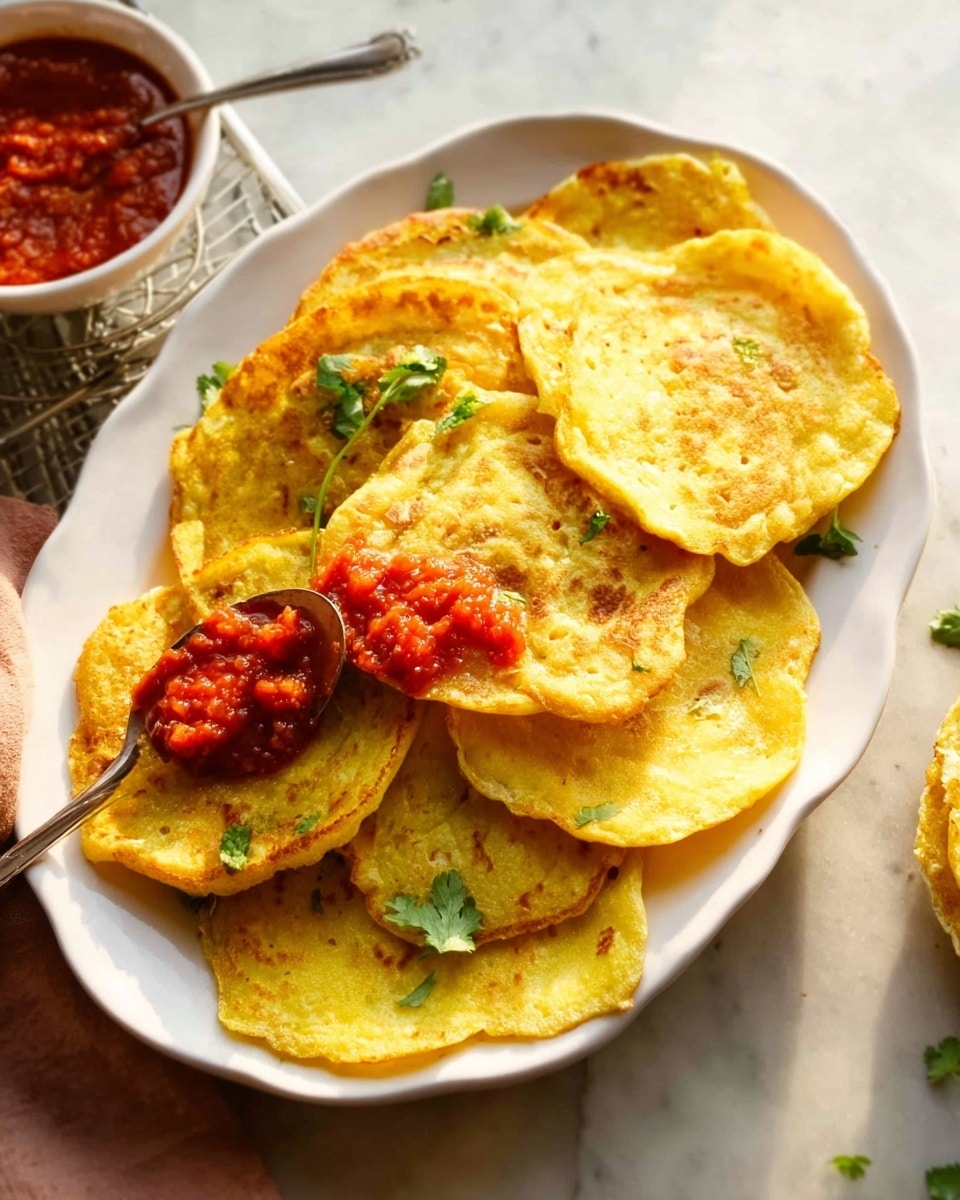 A white oval plate is full of several golden yellow pancakes stacked in a loose pile. Each pancake has a slightly rough, soft texture with some spots of deeper yellow and light browning. Small green leaves of fresh cilantro are scattered on top and between the pancakes, adding a touch of bright green. A silver spoon with bright red chunky sauce rests on the top pancake. Nearby, there is a white bowl with more red sauce, set on a wire rack on a white marbled surface. The photo has a warm, natural light and a casual, fresh look. photo taken with an iphone --ar 4:5 --v 7
