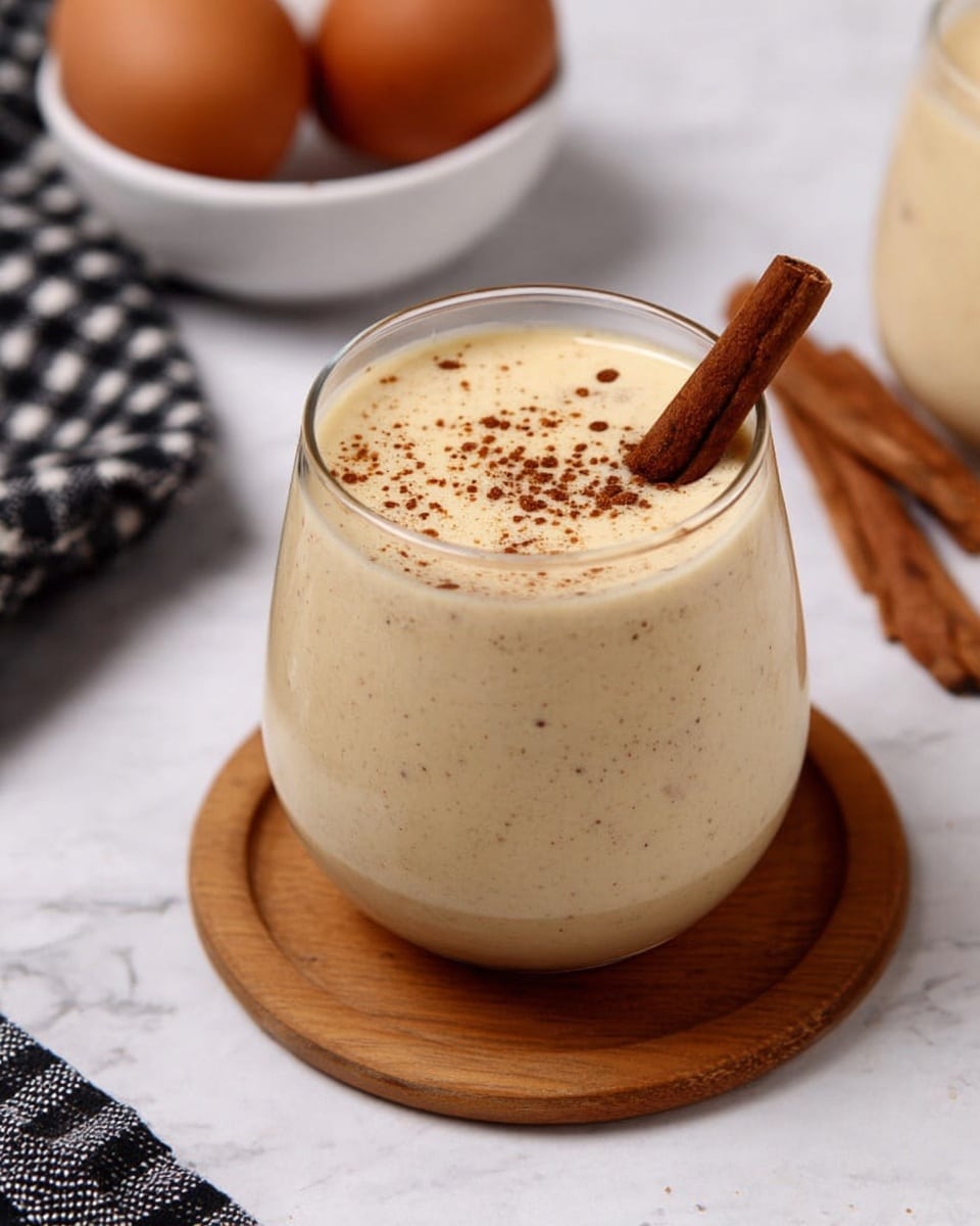 The image shows a round clear glass filled with a creamy beige drink with tiny brown specks mixed throughout. A single cinnamon stick stands upright in the middle of the glass, and a few small sprinkles of ground cinnamon are scattered on the surface of the drink. The glass sits on a round wooden coaster, placed on a white marbled surface. In the background, there are two brown eggs in a white bowl and two cinnamon sticks lying crossed on the white marbled surface, along with part of a black and white checkered cloth on the left side. Photo taken with an iphone --ar 4:5 --v 7
