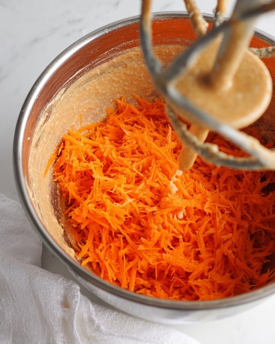 The image shows a silver mixing bowl with a bright orange layer of shredded carrots filling the bottom half inside the bowl. Above the carrots, there is a thick, light brown batter layer partially covering the edges of the bowl. A metal mixer attachment with a beige batter drip hangs over the bowl's right side. The bowl sits on a white marbled surface with a white cloth partially visible at the bottom left corner. The scene is softly lit, highlighting the texture of the carrots and batter. photo taken with an iphone --ar 4:5 --v 7