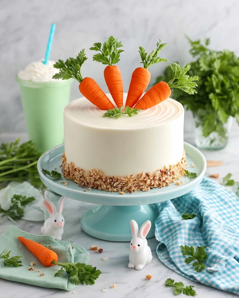 A white cake covered in smooth white frosting sits on a light blue cake stand. The cake has a layer of crushed nuts wrapped around the bottom edge. On top of the cake, eight orange fondant carrots with green leafy tops are arranged in a circle, pointing outward. The cake is placed on a white marbled surface with a blue and white checkered cloth and a green cloth beside it. There are two small white bunny figurines in front of the cake, along with some fresh parsley leaves scattered around. In the background, a glass holds fresh parsley, and a green cup with a blue straw and whipped cream sits to the side. Photo taken with an iphone --ar 4:5 --v 7