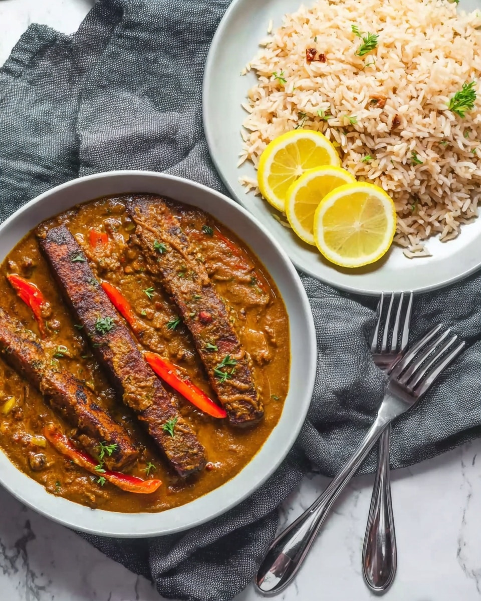 The image shows a white bowl and a white plate, both placed on a white marbled surface. The bowl contains a thick, brown curry with red pepper slices and herbs floating on top. Three long, dark brown grilled sticks rest on the curry. The plate holds the same three grilled sticks on the left, alongside a serving of beige rice on the right, garnished with three small lemon slices and a small sprig of green herb on top. Both the bowl and plate rest on a gray textured cloth. Two shiny silver forks are placed on the right side of the plate. Photo taken with an iphone --ar 4:5 --v 7