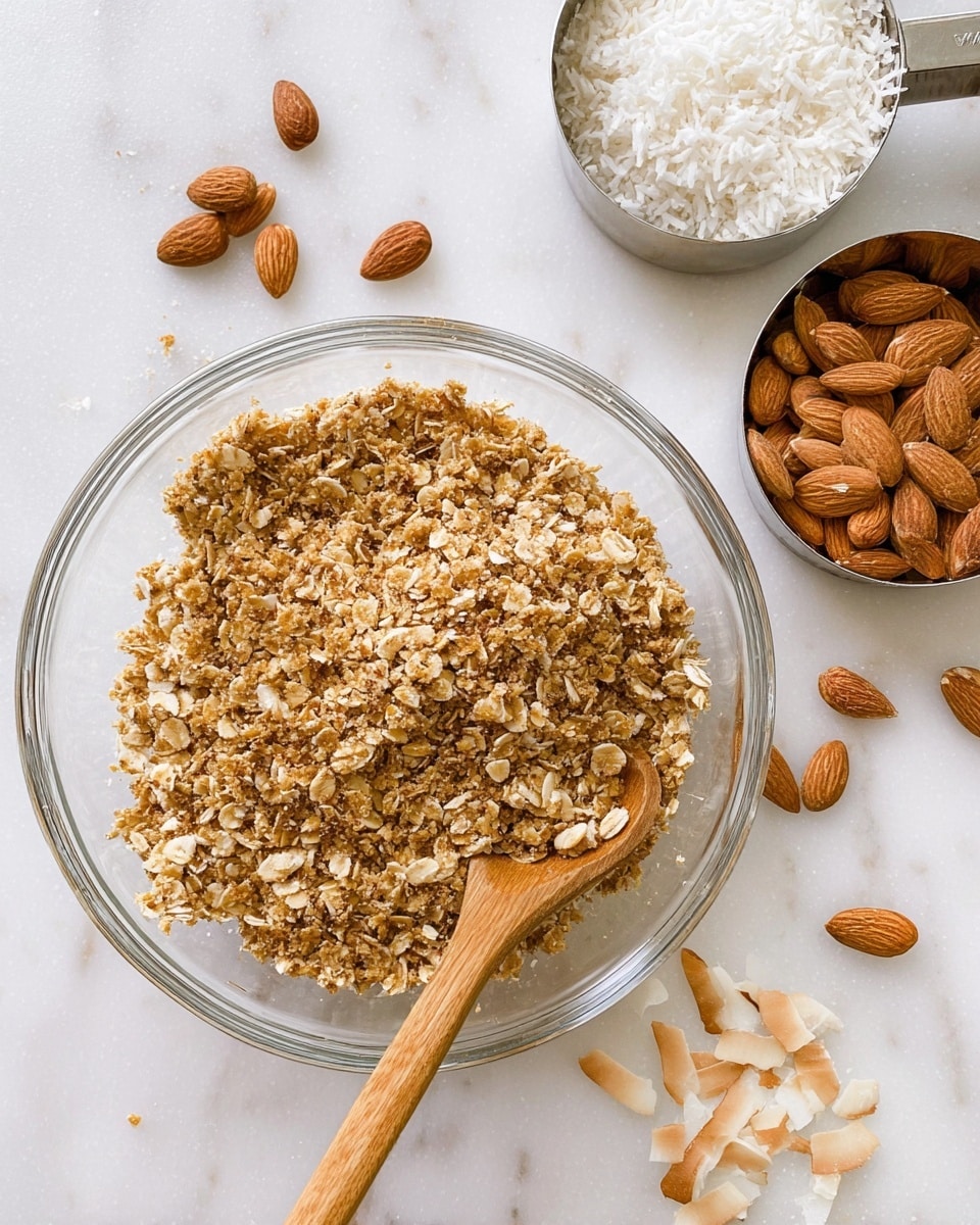 A clear glass bowl filled with mixed oats that are light brown and textured, showing a dry, crumbly consistency, with a wooden spoon resting inside the bowl on the right side. Around the bowl, there are two silver measuring cups: one filled with whole almonds in a warm brown color, and the other filled with white coconut flakes. A few almonds are scattered on a white marbled surface around the bowls. The photo taken with an iphone --ar 4:5 --v 7