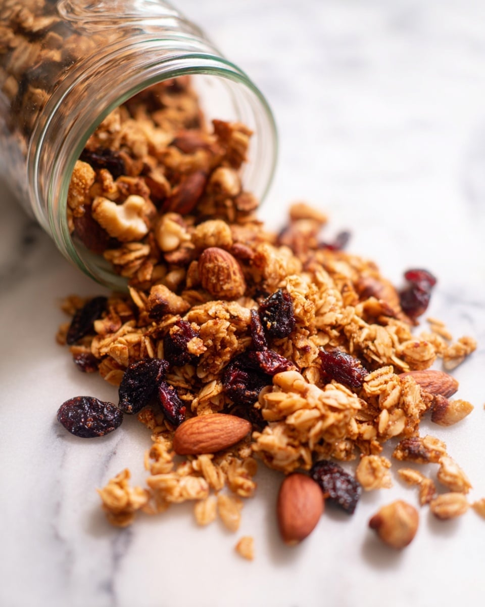 A pile of granola spilled from a tilted clear glass jar lying on its side, with large light brown almonds and dark dried cranberries mixed in with chunky, golden toasted oat clusters. The granola and nuts spread unevenly across a white marbled surface, showing a mix of smooth nut textures and rough, crunchy oats. The light shines softly, creating warm tones on the crunchy ingredients. photo taken with an iphone --ar 4:5 --v 7