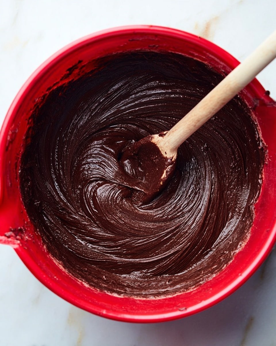 The image shows a red mixing bowl filled with smooth, thick dark brown chocolate batter. A wooden spoon rests inside the bowl, partially covered in the same batter. The batter looks creamy and evenly mixed with swirls visible on the surface. The bowl sits on a white marbled surface. photo taken with an iphone --ar 4:5 --v 7