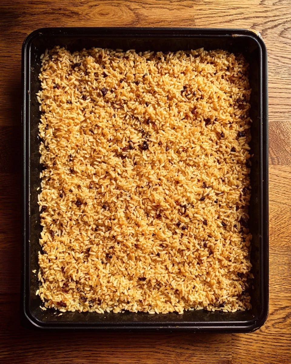 The image shows a black rectangular baking tray filled with a single thick layer of golden brown cooked rice mixed with some small dark grains and bits, evenly spread across the tray. The texture of the rice looks fluffy and slightly crispy on top. The tray is placed on a wooden surface. photo taken with an iphone --ar 4:5 --v 7