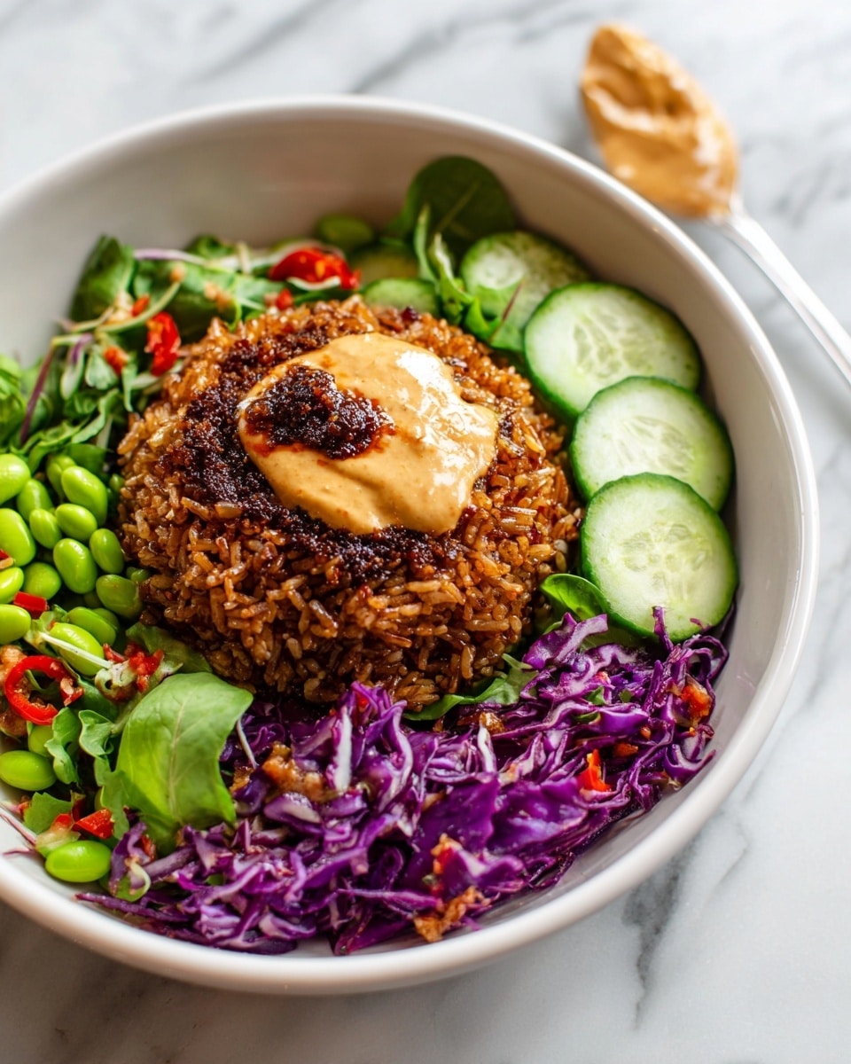 A white bowl sits on a white marbled surface, filled with three main layers: in the center, there is a mound of dark brown cooked rice with a slightly crispy texture, topped with a dollop of tan-colored creamy sauce and a small amount of dark chili sauce in the middle; surrounding the rice on one side, there are light green cucumber slices scattered with bright green edamame beans, and on the other side, there is shredded purple cabbage mixed with small bits of red bell pepper and leafy greens. Photo taken with an iphone --ar 4:5 --v 7